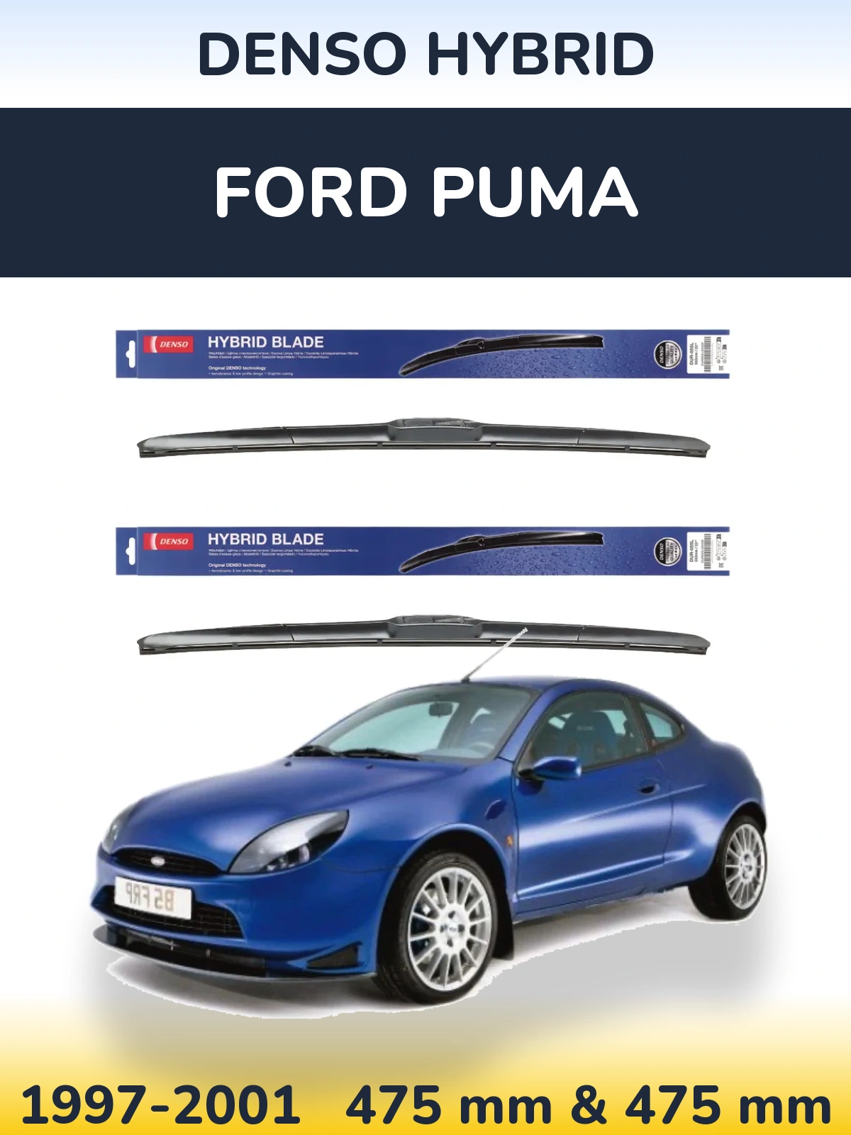 Sada předních stěračů Denso Hybrid 475 a 475 mm pro Ford Puma 1997-2001