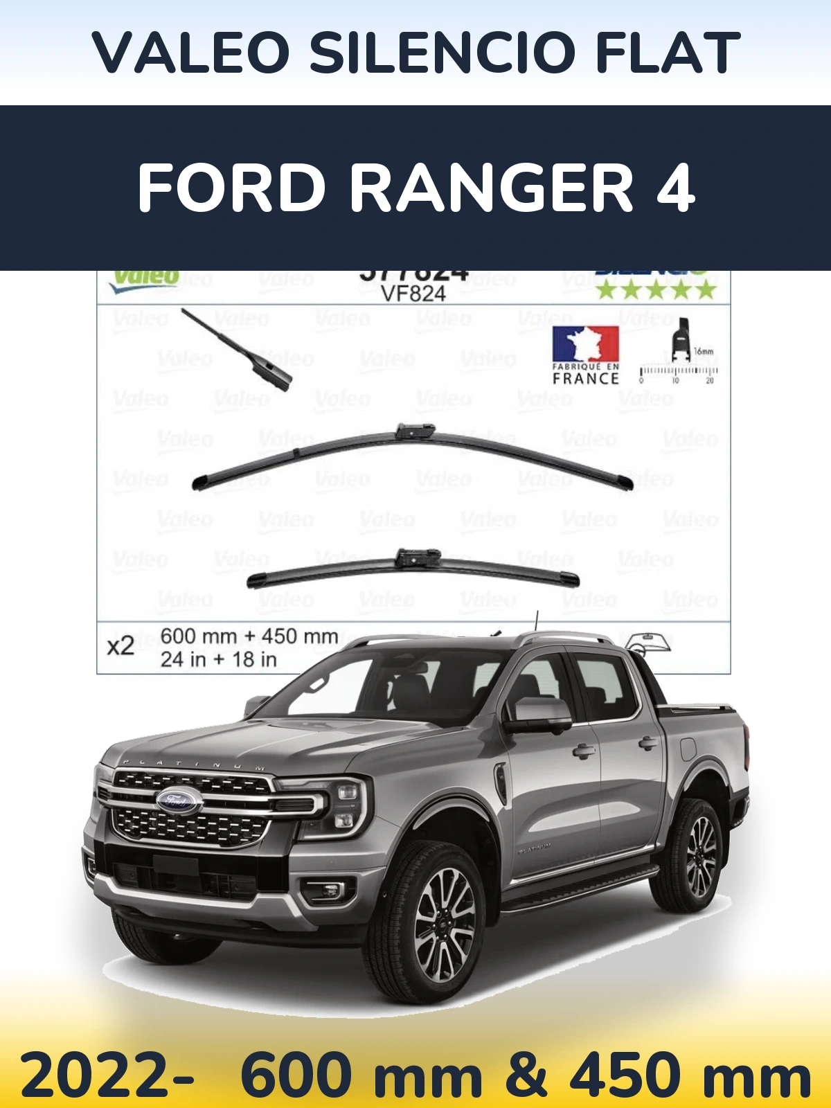 Комплект передніх щіток Valeo Silencio Flat 600 & 450 мм для Ford Ranger 4 2022-2026