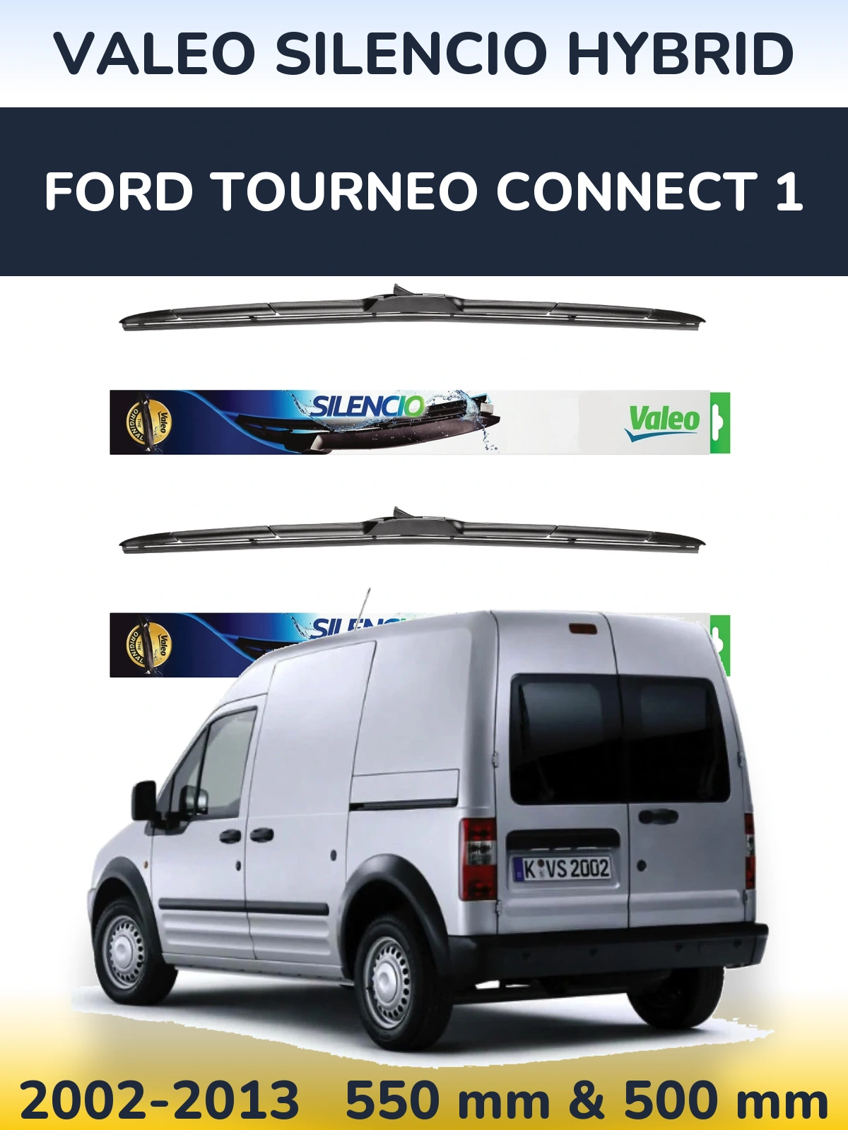 Sada předních stěračů Valeo Silencio Hybrid 550 a 500 mm pro Ford Tourneo Connect 1 2002-2013
