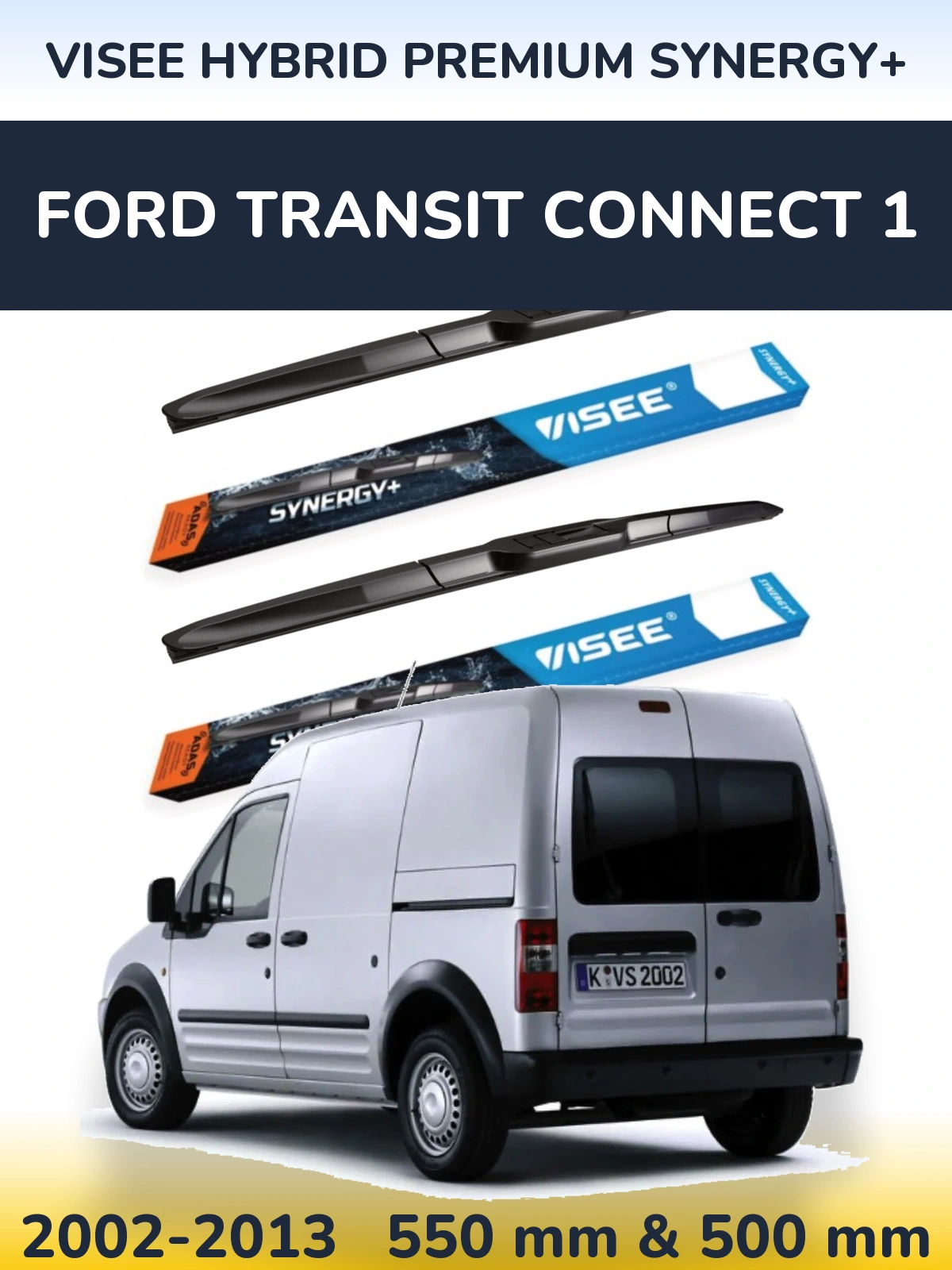 Sada předních stěračů VISEE HYBRID PREMIUM SYNERGY+ 550 a 500 mm pro Ford Transit Connect 1 2002-2013