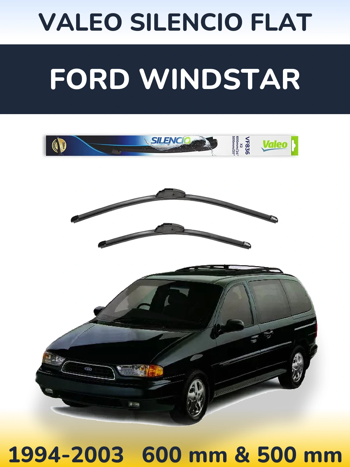 Sada předních stěračů Valeo Silencio Flat 600 a 500 mm pro Ford Windstar 1994-2003