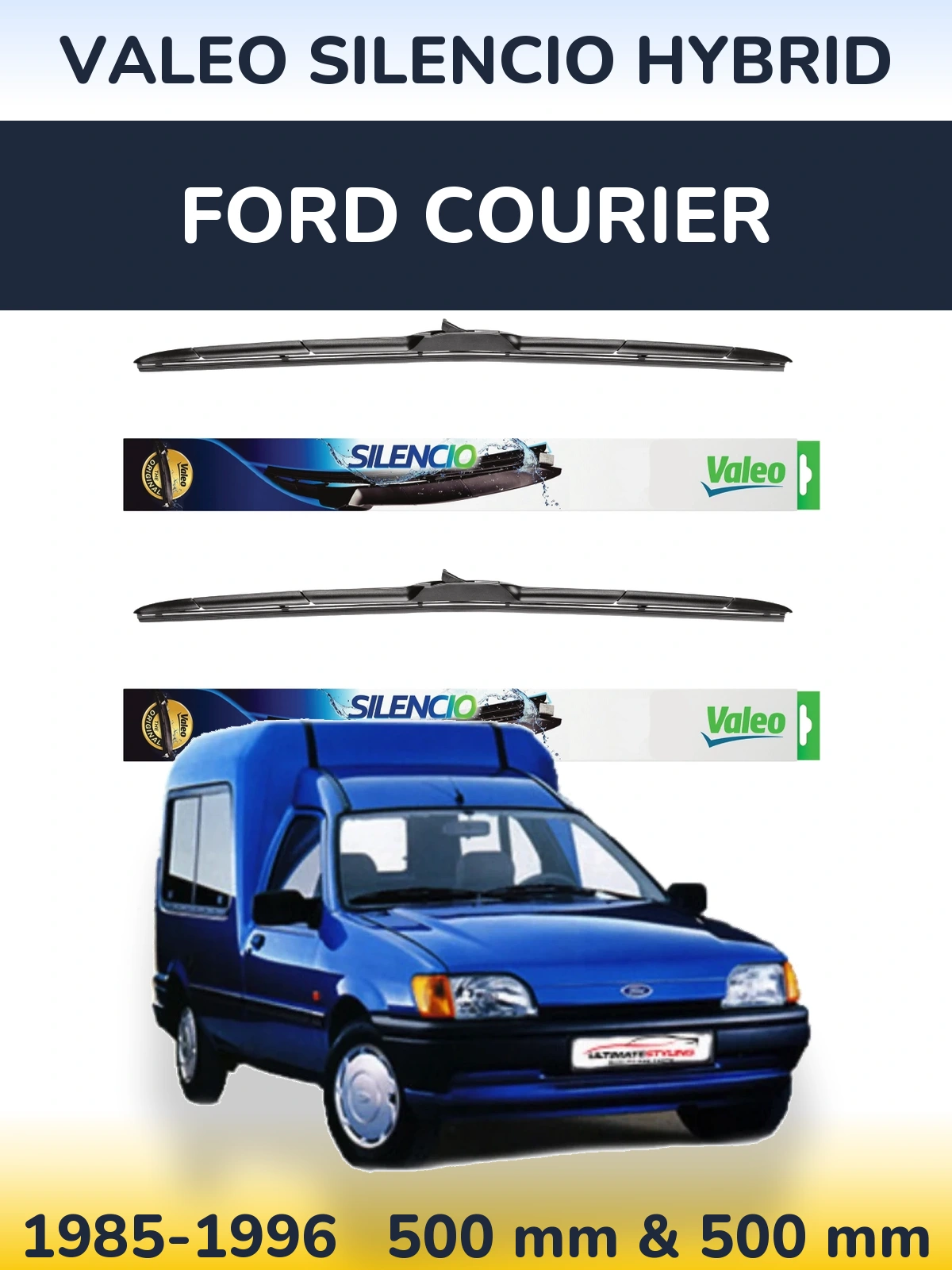 Sada předních stěračů Valeo Silencio Hybrid 500 a 500 mm pro Ford Courier 1985-1996