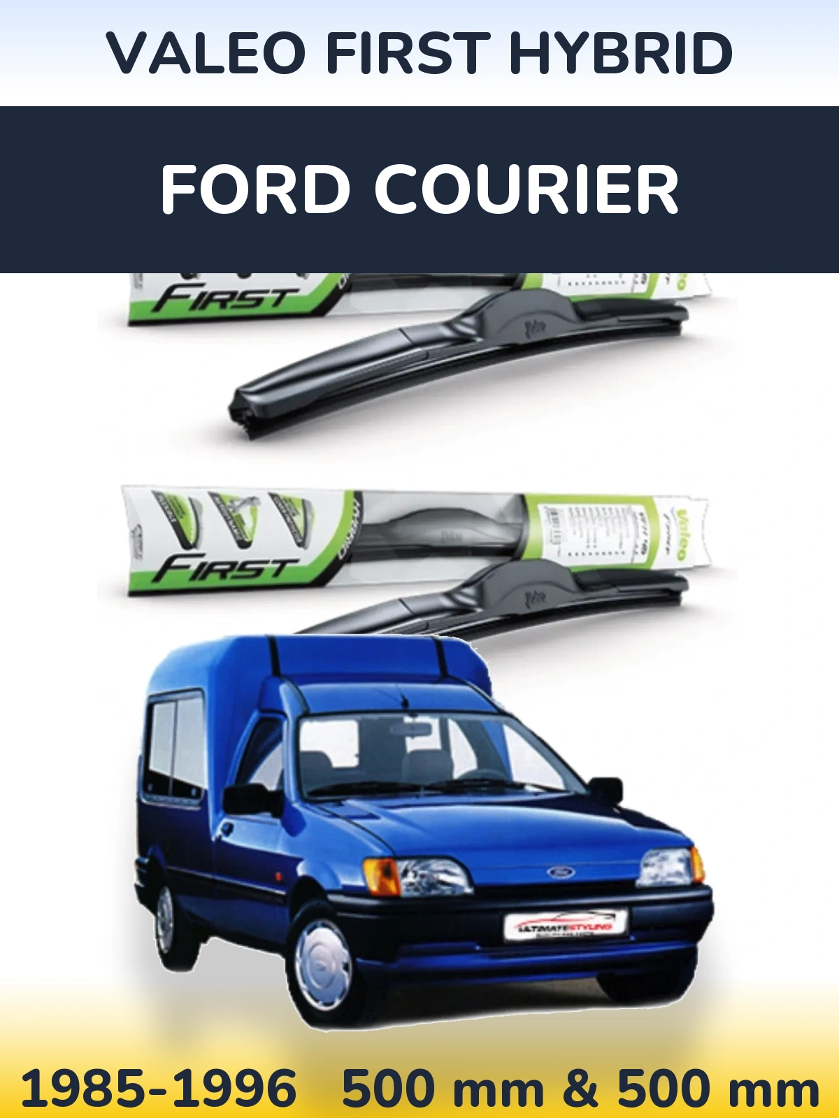 Sada předních stěračů Valeo First Hybrid 500 a 500 mm pro Ford Courier 1985-1996