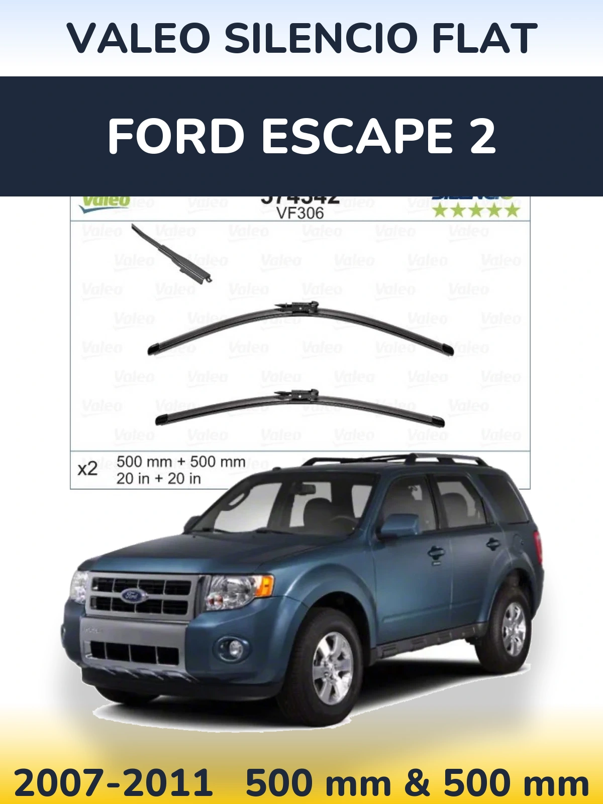 Sada předních stěračů Valeo Silencio Flat 500 a 500 mm pro Ford Escape 2 2007-2011