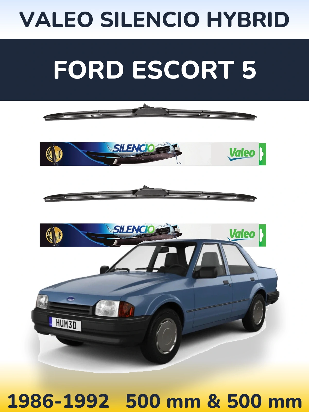 Комплект передніх щіток Valeo Silencio Hybrid 500 & 500 мм для Ford Escort 5 1986-1992