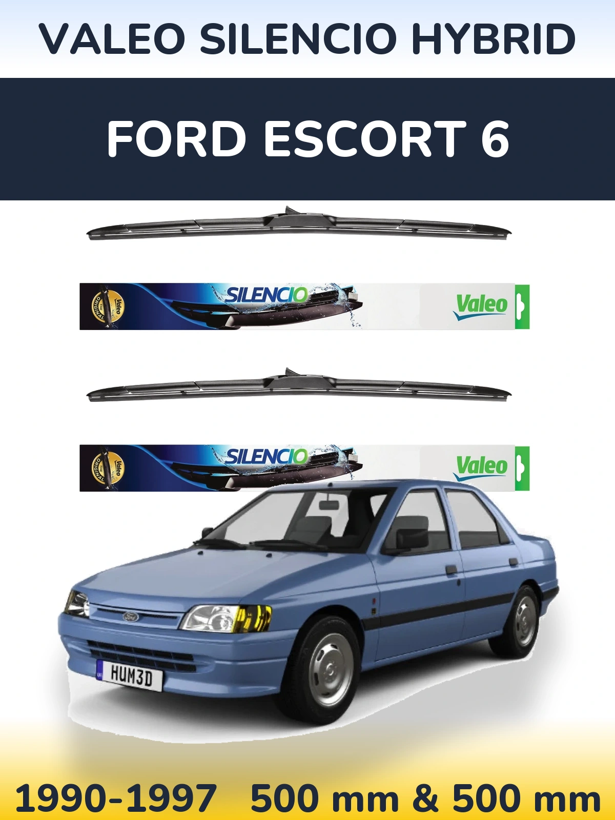 Sada předních stěračů Valeo Silencio Hybrid 500 a 500 mm pro Ford Escort 6 1990-1997