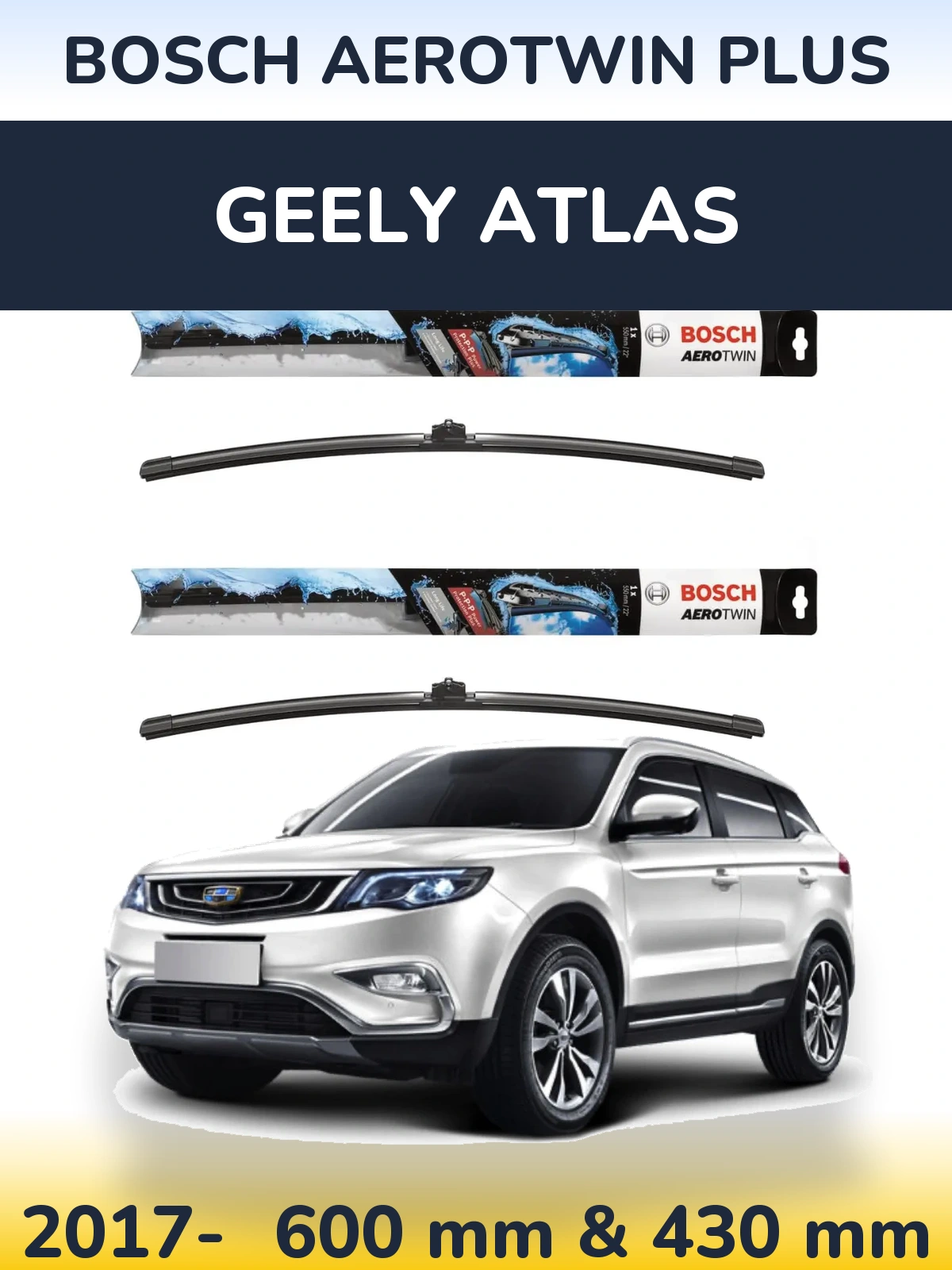 Sada předních stěračů BOSCH AeroTwin Plus 600 a 430 mm pro Geely Atlas 2017-2026
