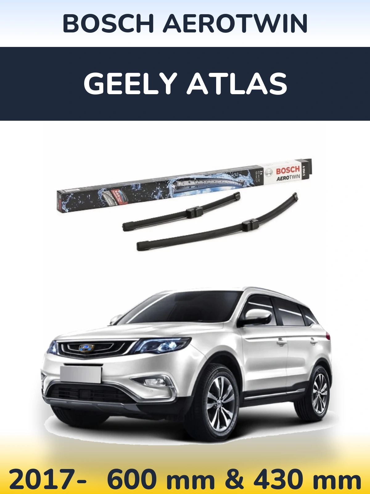 Sada předních stěračů BOSCH AeroTwin 625 a 425 mm pro Geely Atlas 2017-2026