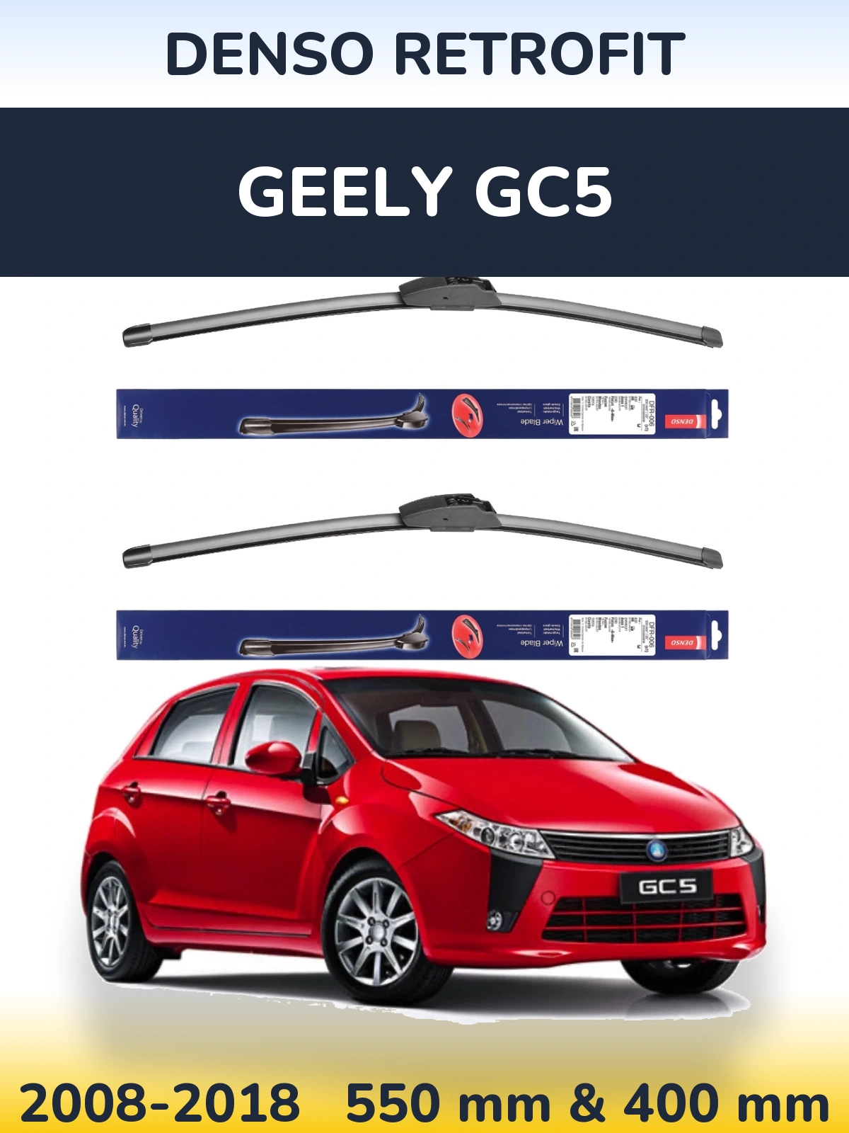 Sada předních stěračů Denso Retrofit 550 a 400 mm pro Geely GC5 2008-2018