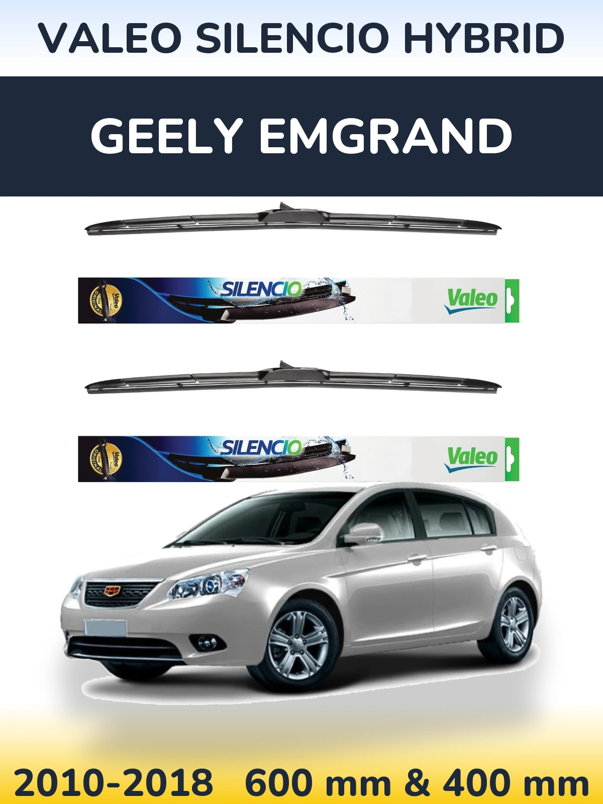 Sada předních stěračů Valeo Silencio Hybrid 600 a 400 mm pro Geely Emgrand 2010-2018