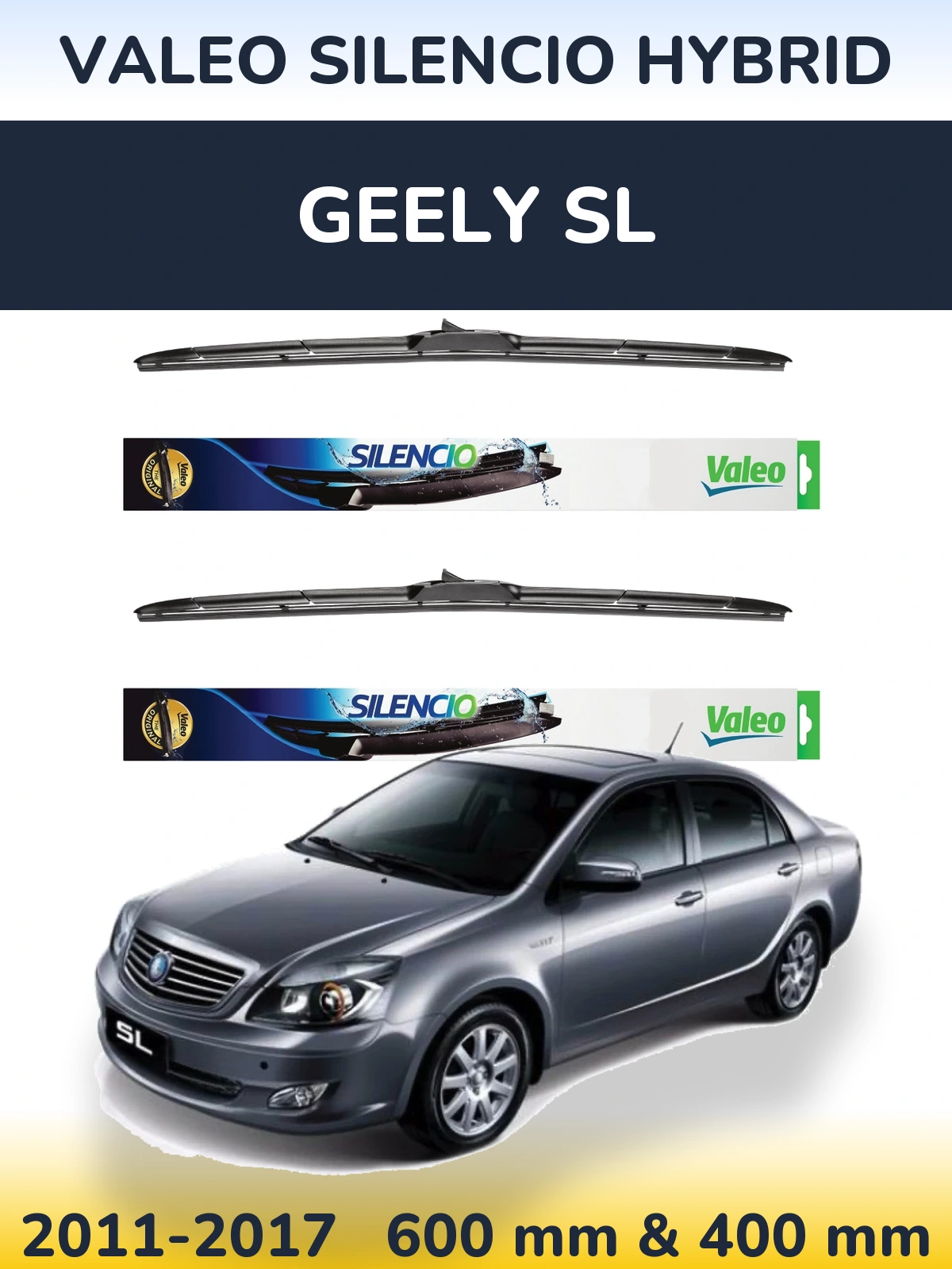 Sada předních stěračů Valeo Silencio Hybrid 600 a 400 mm pro Geely SL 2011-2017