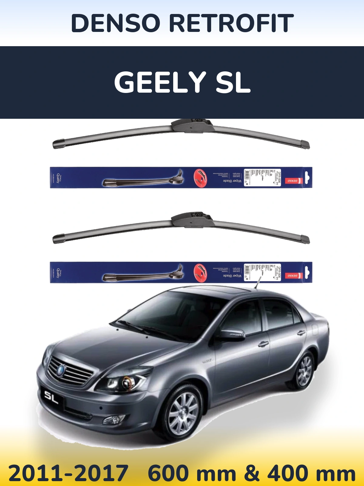Sada předních stěračů Denso Retrofit 600 a 400 mm pro Geely SL 2011-2017