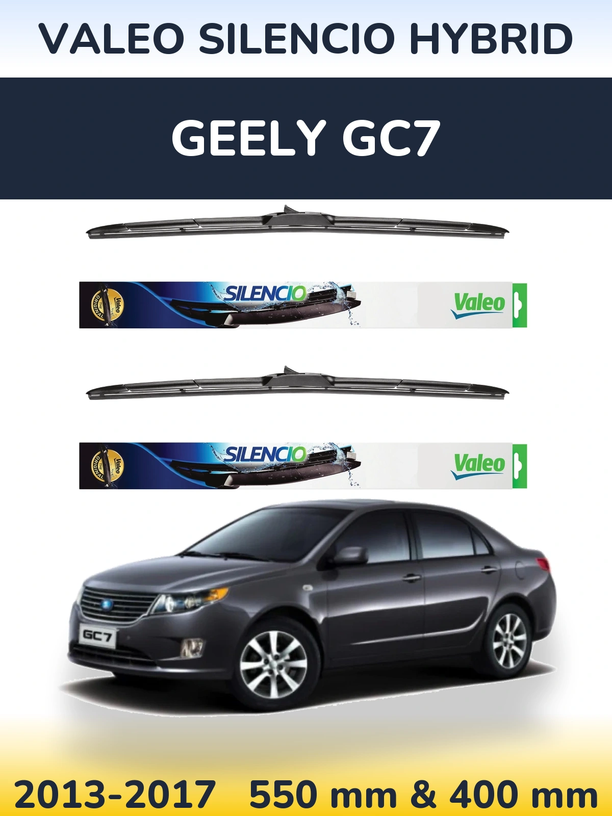 Sada předních stěračů Valeo Silencio Hybrid 550 a 400 mm pro Geely GC7 2013-2017