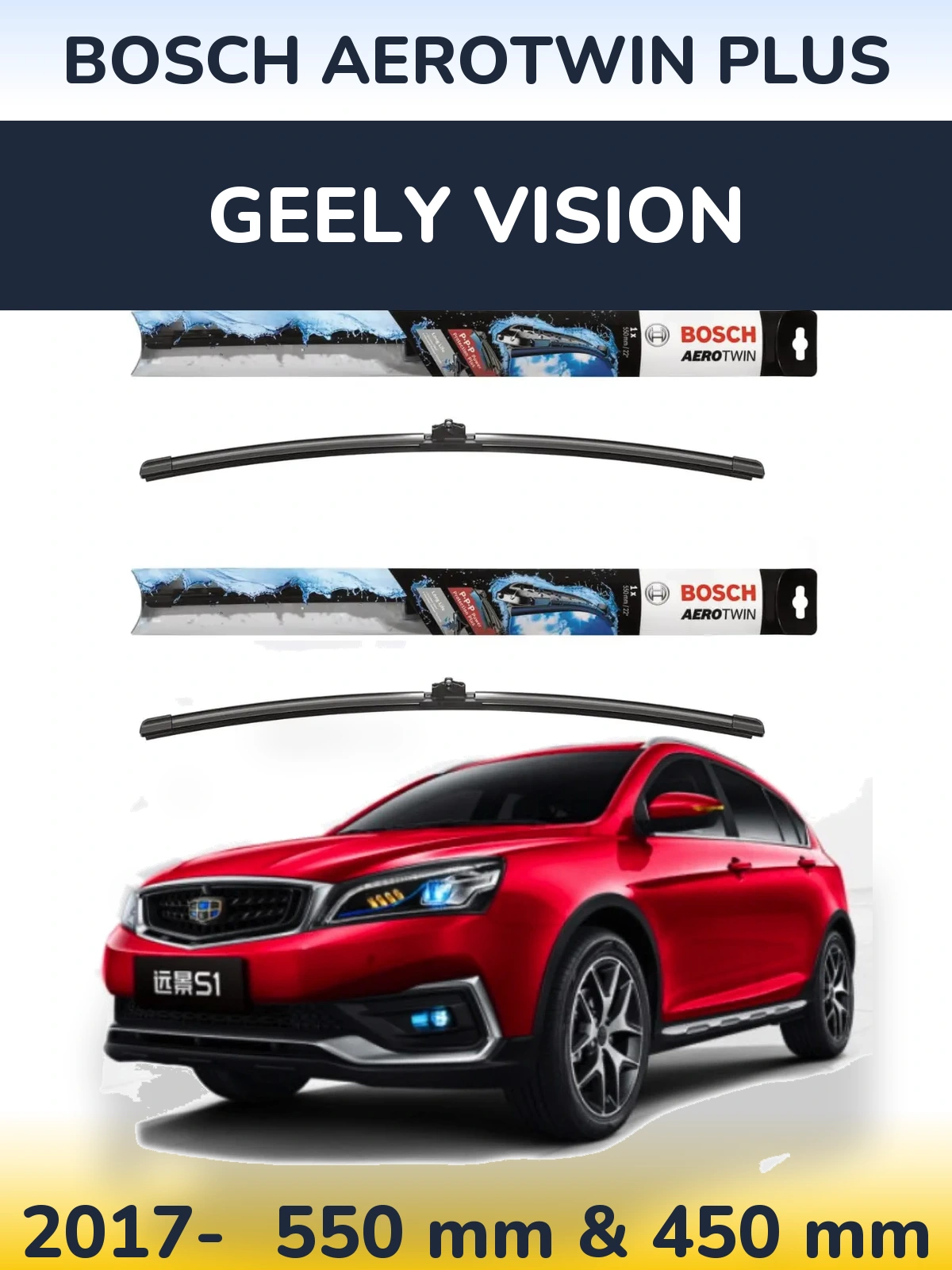 Sada předních stěračů BOSCH AeroTwin Plus 550 a 450 mm pro Geely Vision 2017-2026