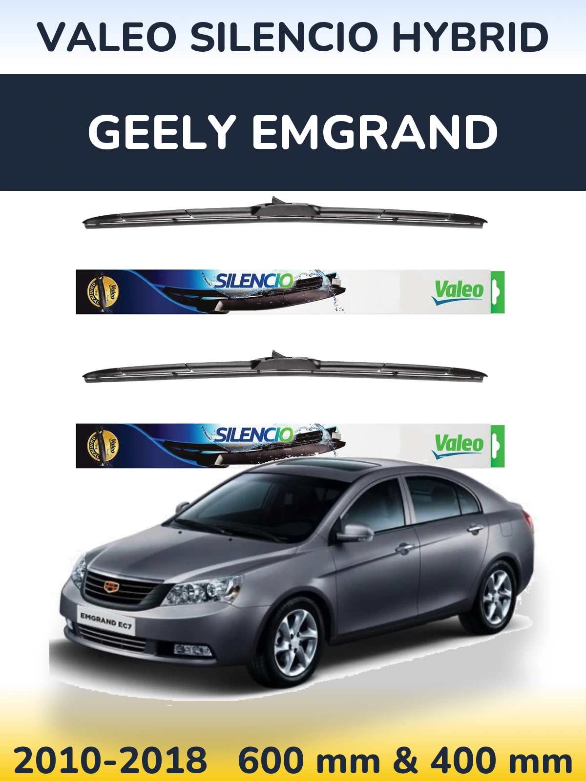 Sada předních stěračů Valeo Silencio Hybrid 600 a 400 mm pro Geely Emgrand 2010-2018