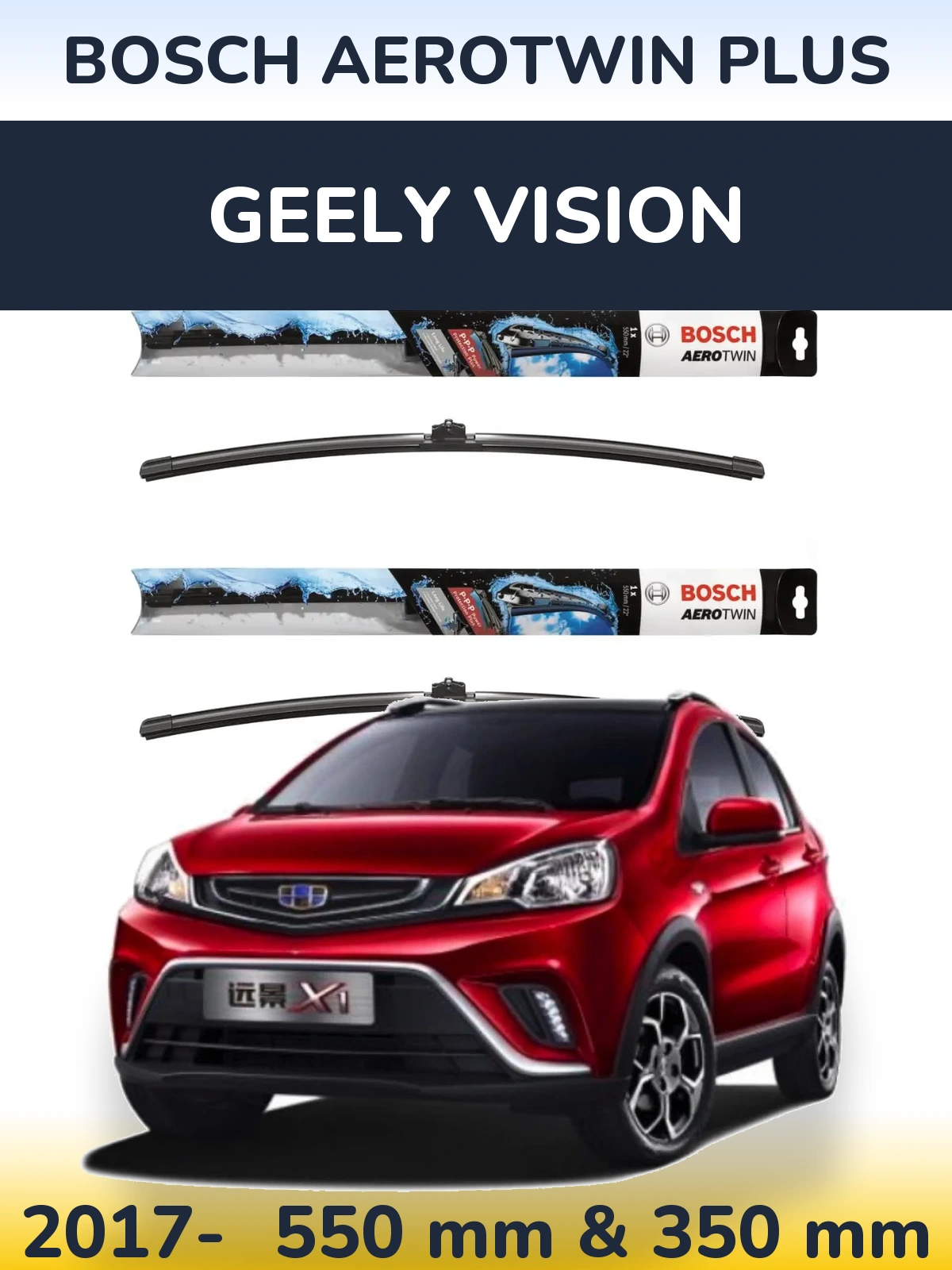 Sada předních stěračů BOSCH AeroTwin Plus 550 a 350 mm pro Geely Vision 2017-2026