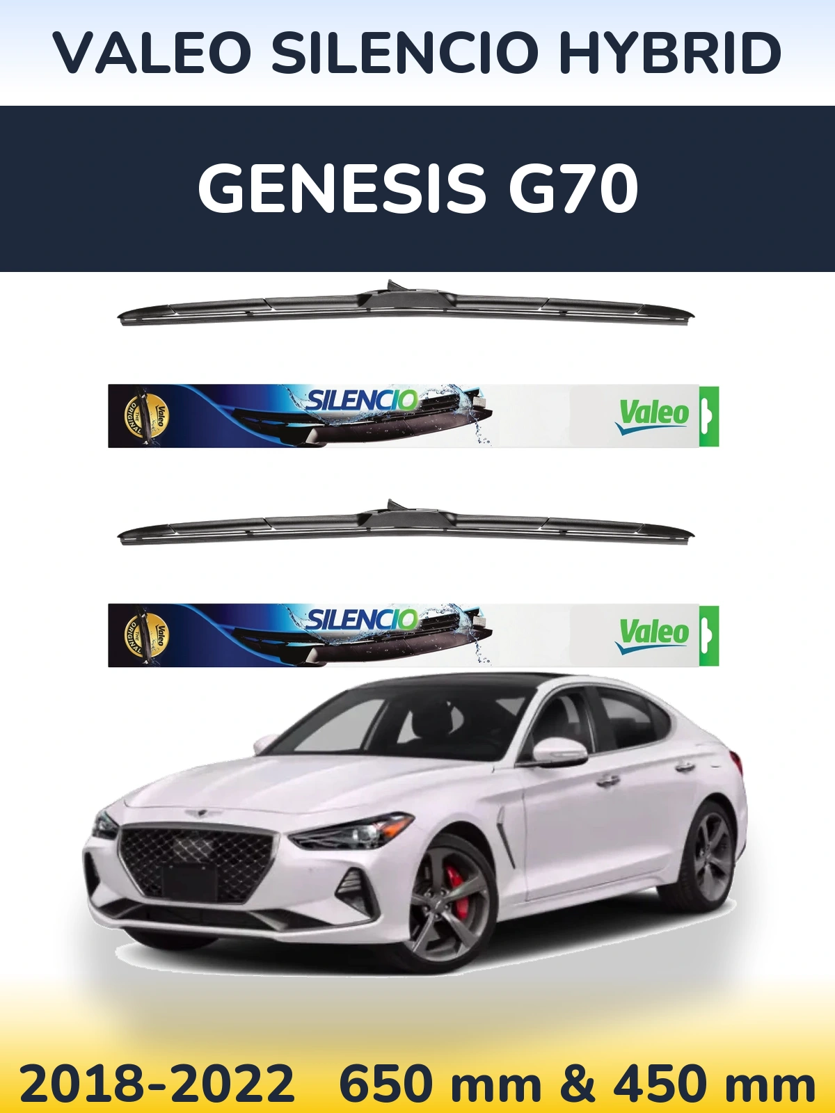 Sada předních stěračů Valeo Silencio Hybrid 650 a 450 mm pro Genesis G70 2018-2022