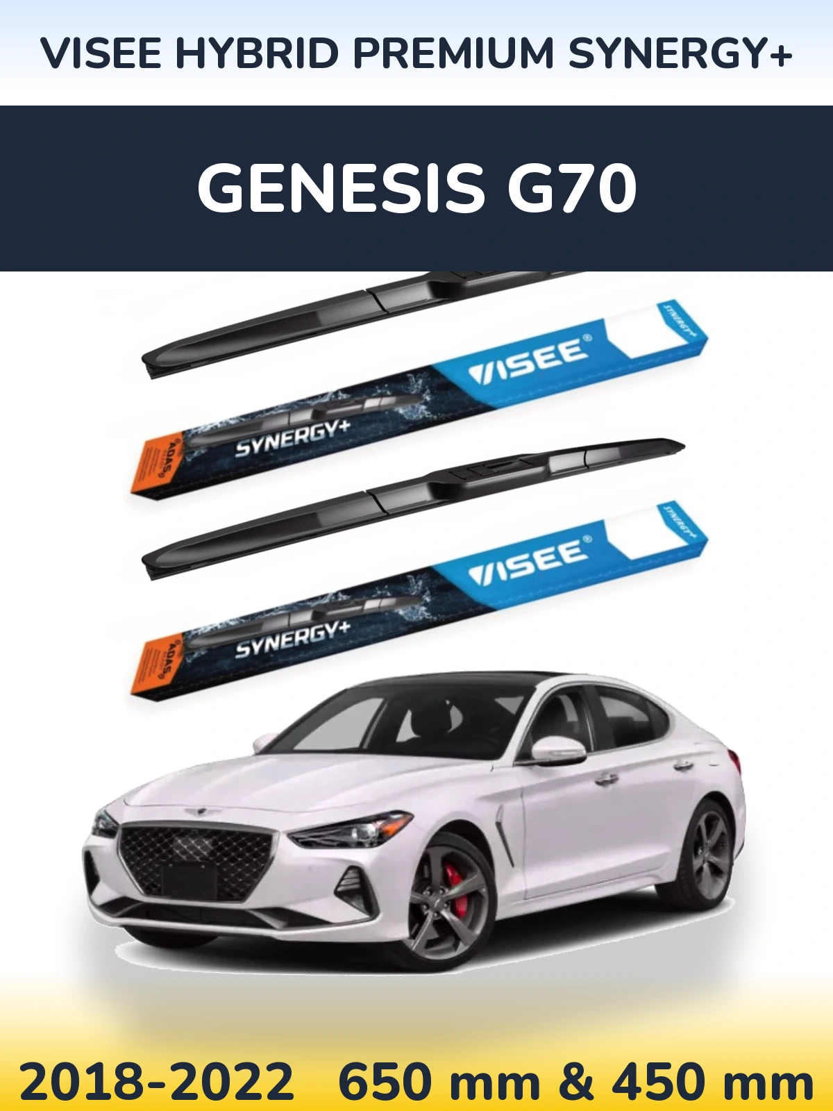 Sada předních stěračů VISEE HYBRID PREMIUM SYNERGY+ 650 a 450 mm pro Genesis G70 2018-2022