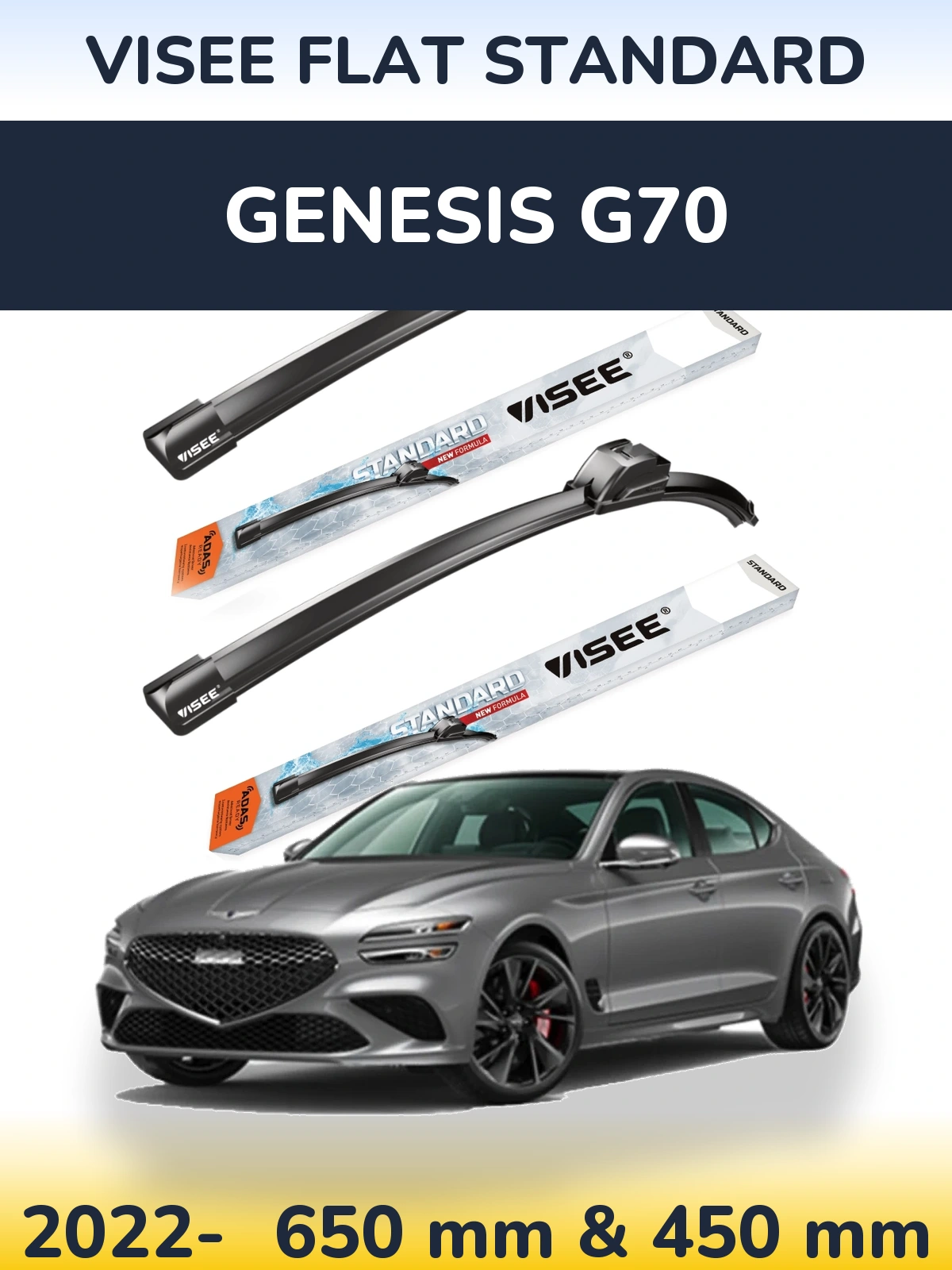 Sada předních stěračů VISEE FLAT STANDARD 650 a 450 mm pro Genesis G70 2022-2026