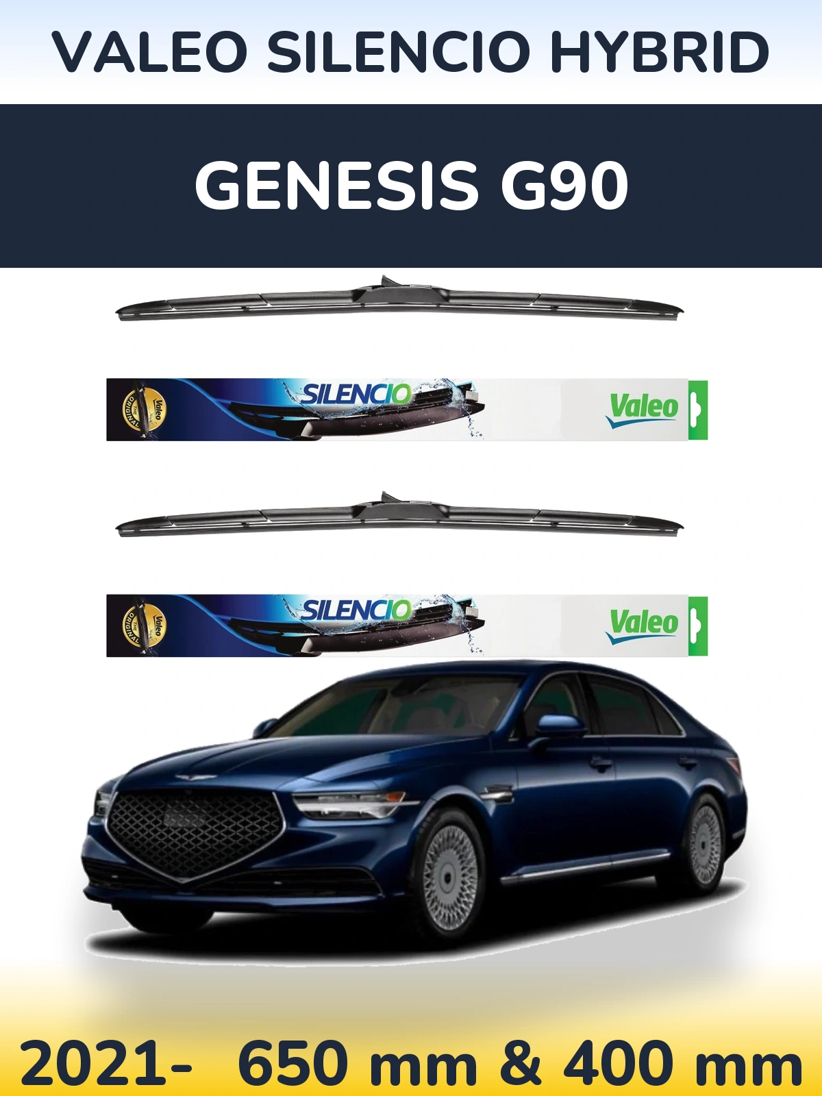 Sada předních stěračů Valeo Silencio Hybrid 650 a 400 mm pro Genesis G90 2021-2026