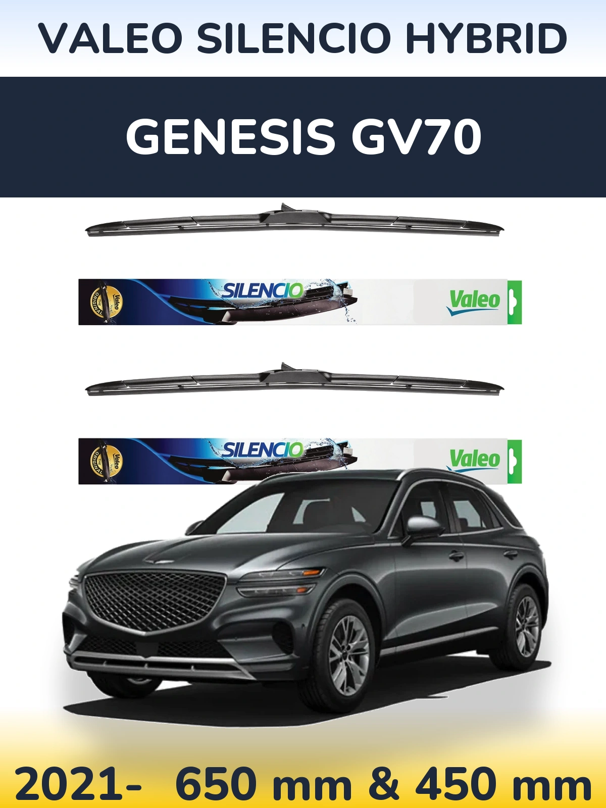 Sada předních stěračů Valeo Silencio Hybrid 650 a 450 mm pro Genesis GV70 2021-2026