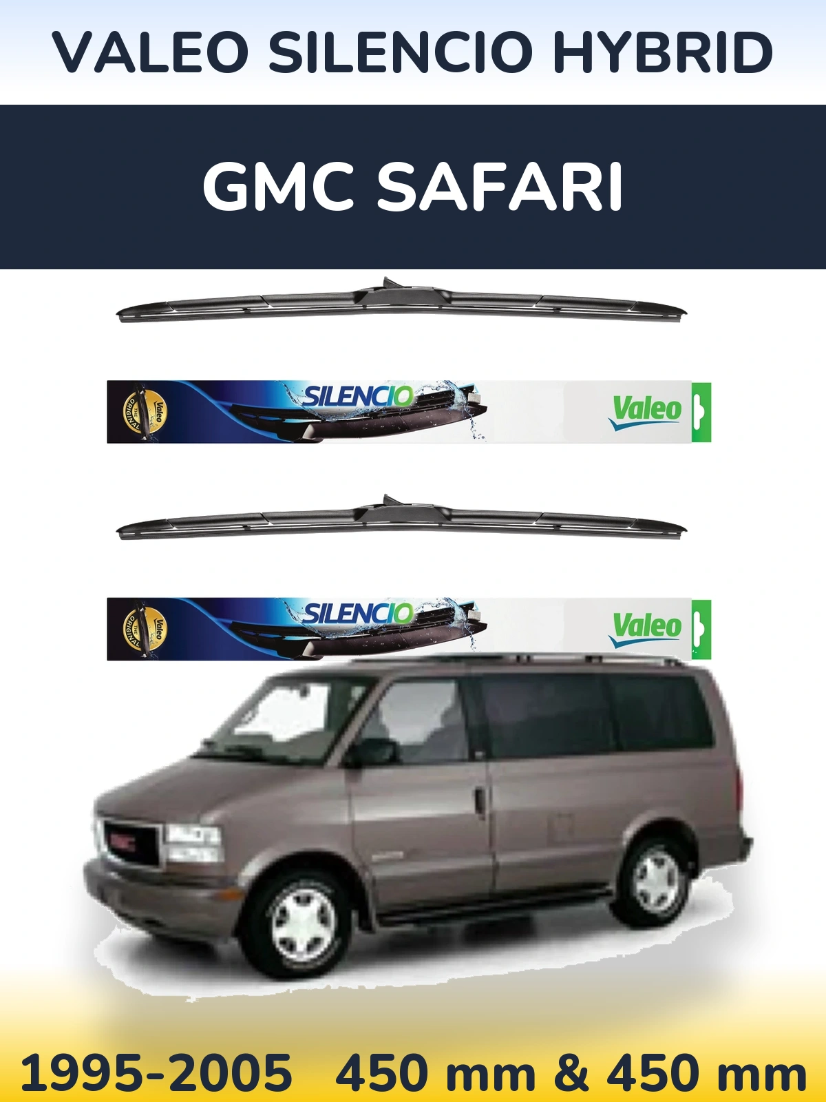 Sada předních stěračů Valeo Silencio Hybrid 450 a 450 mm pro GMC Safari 1995-2005