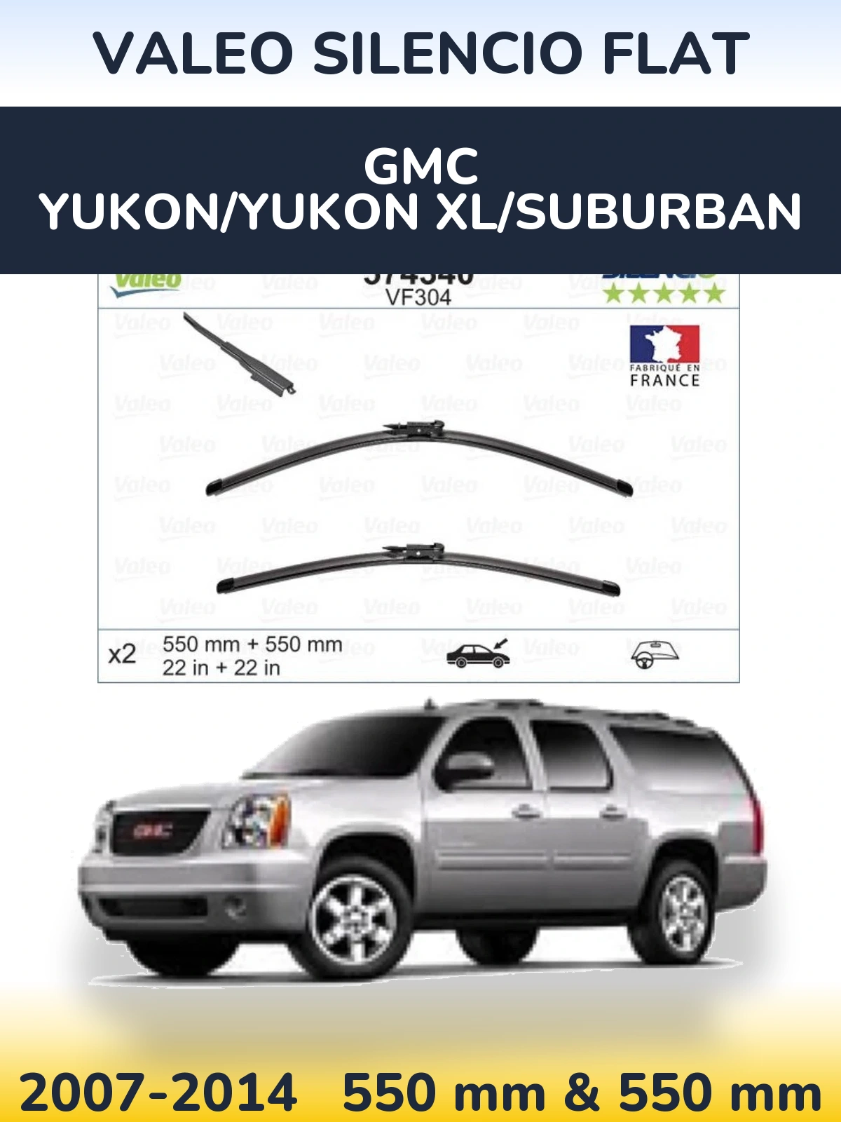 Sada předních stěračů Valeo Silencio Flat 550 a 550 mm pro GMC Yukon/Yukon XL/Suburban 2007-2014
