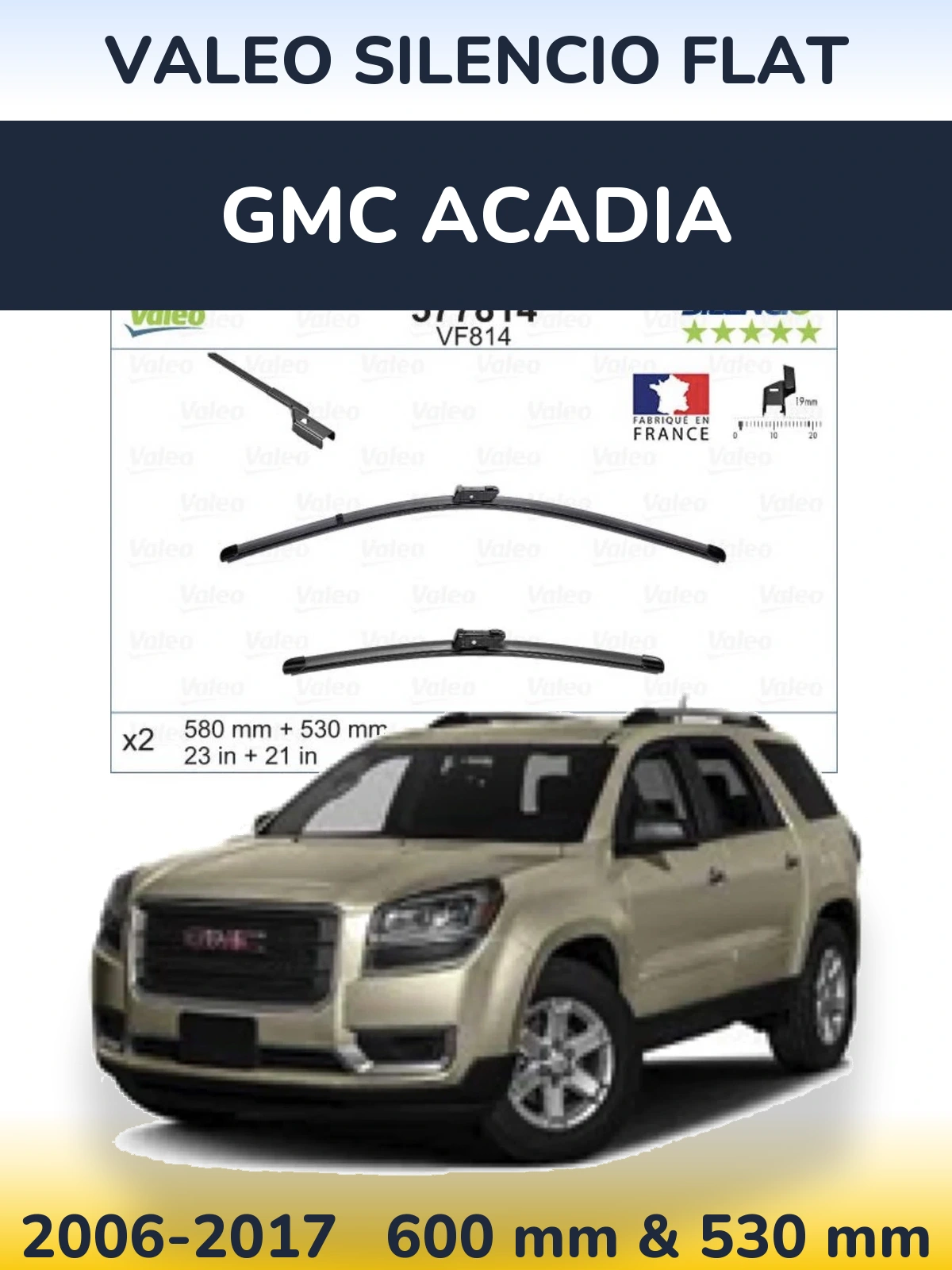 Sada předních stěračů Valeo Silencio Flat 580 a 530 mm pro GMC Acadia 2006-2017