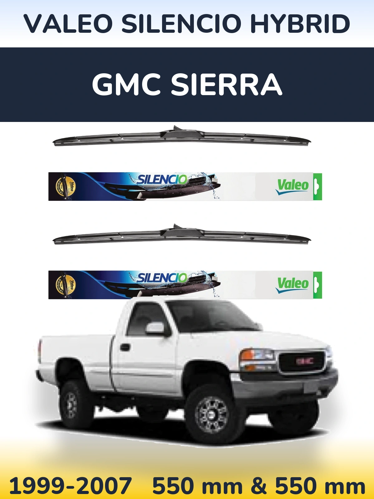 Sada předních stěračů Valeo Silencio Hybrid 550 a 550 mm pro GMC Sierra 1999-2007
