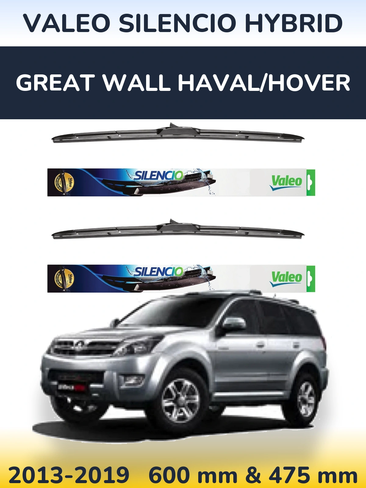 Sada předních stěračů Valeo Silencio Hybrid 600 a 475 mm pro Great Wall Haval/Hover 2013-2019