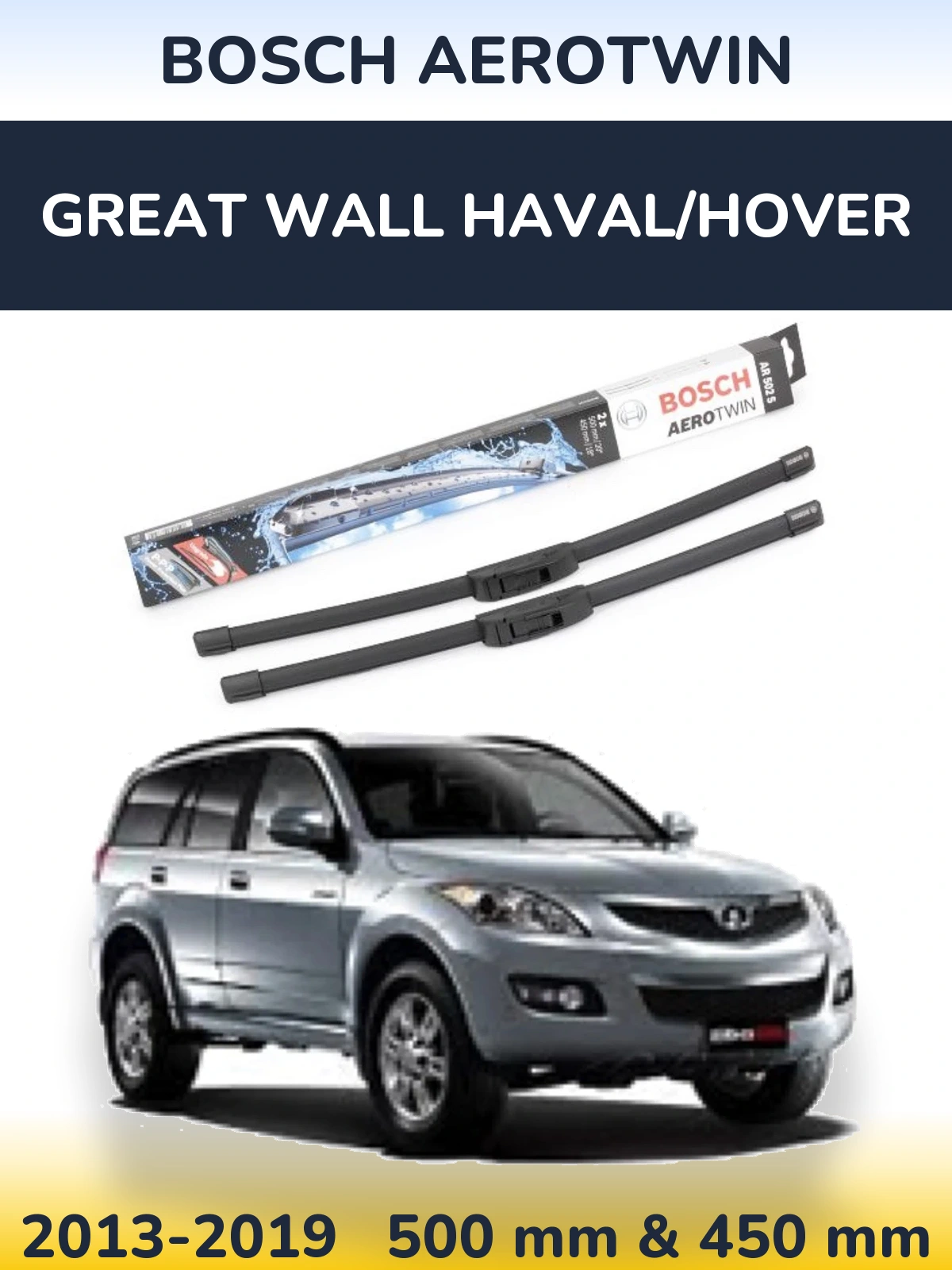 Sada předních stěračů BOSCH AeroTwin 500 a 450 mm pro Great Wall Haval/Hover 2013-2019