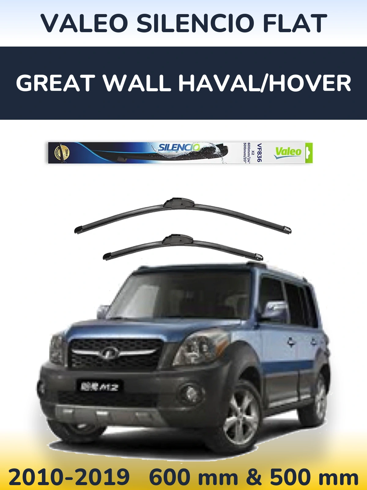 Sada předních stěračů Valeo Silencio Flat 600 a 500 mm pro Great Wall Haval/Hover 2010-2019