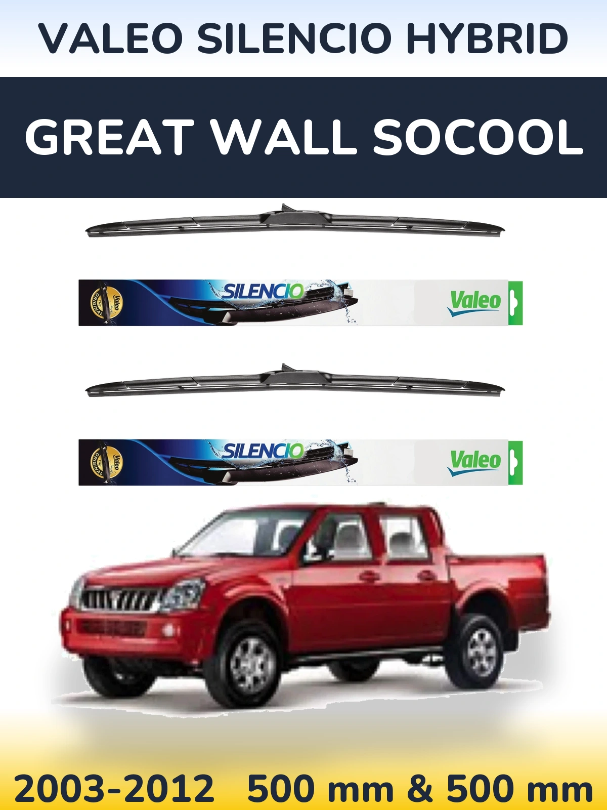 Sada předních stěračů Valeo Silencio Hybrid 500 a 500 mm pro Great Wall SoCool 2003-2012