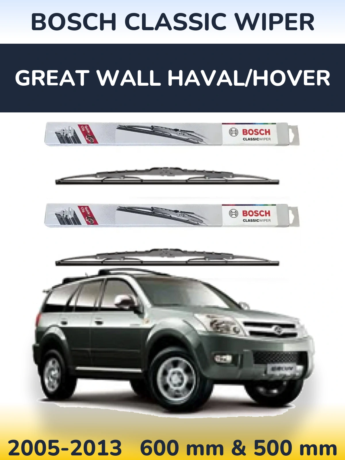 Sada předních stěračů BOSCH Classic Wiper 600 a 500 mm pro Great Wall Haval/Hover 2005-2013