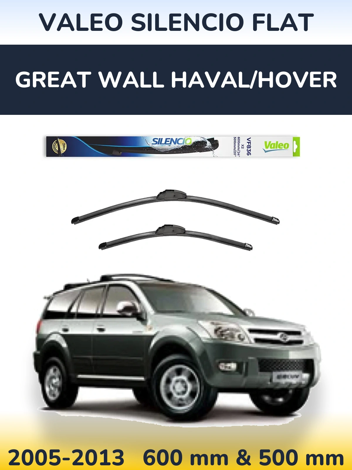 Sada předních stěračů Valeo Silencio Flat 600 a 500 mm pro Great Wall Haval/Hover 2005-2013