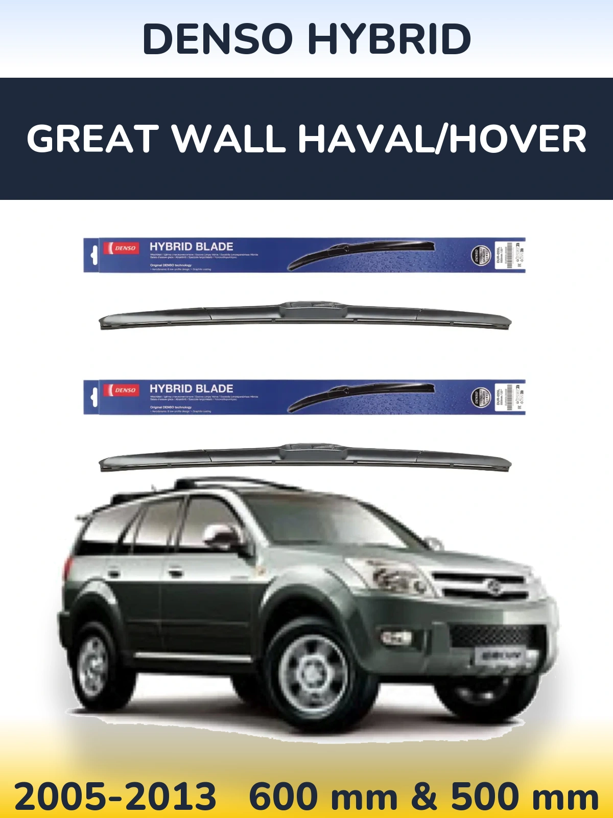 Sada předních stěračů Denso Hybrid 600 a 500 mm pro Great Wall Haval/Hover 2005-2013