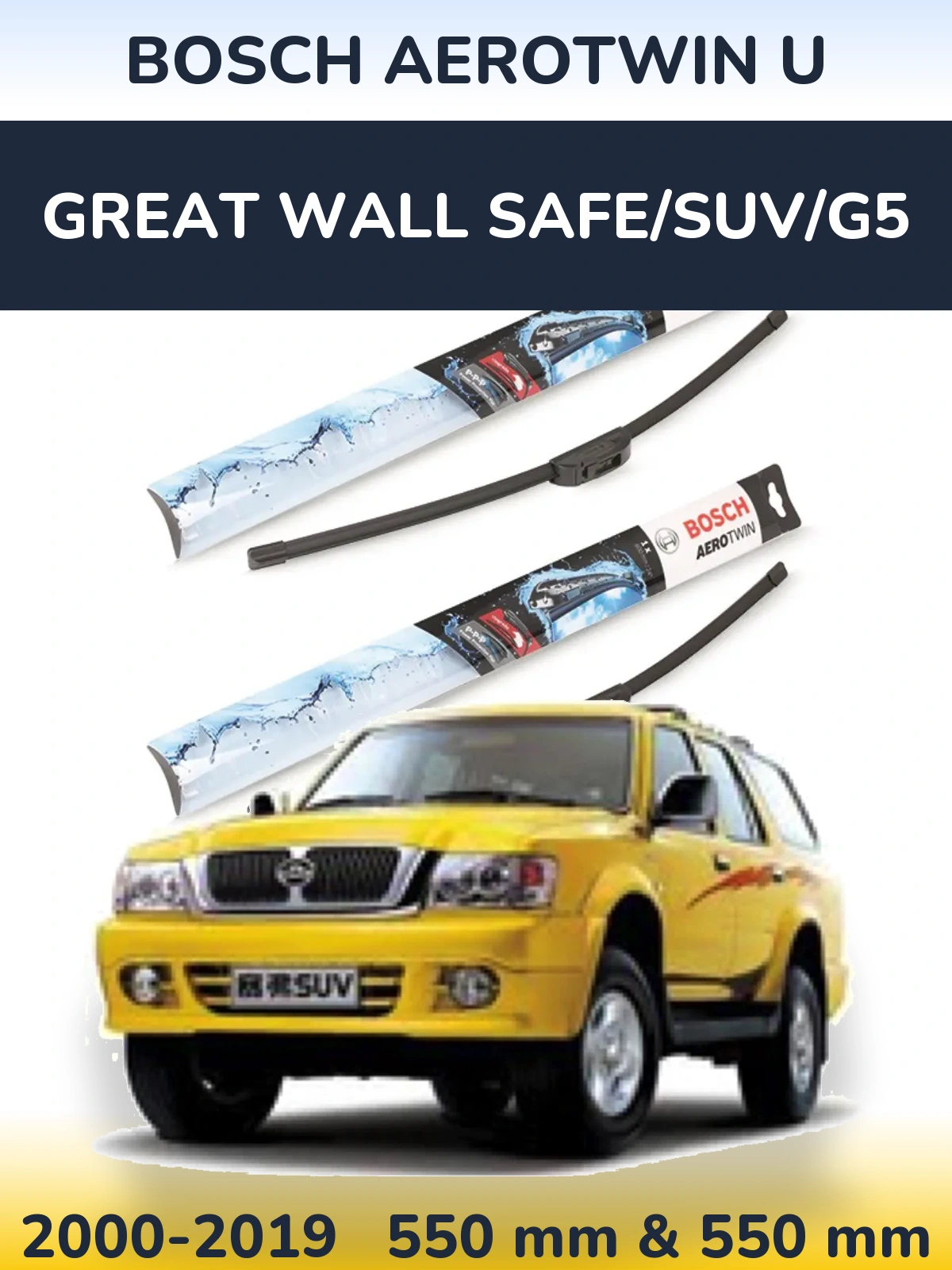 Sada předních stěračů BOSCH AeroTwin U 550 a 550 mm pro Great Wall Safe/SUV/G5 2000-2019