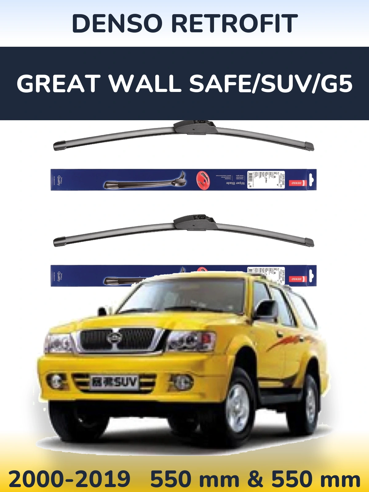 Sada předních stěračů Denso Retrofit 550 a 550 mm pro Great Wall Safe/SUV/G5 2000-2019