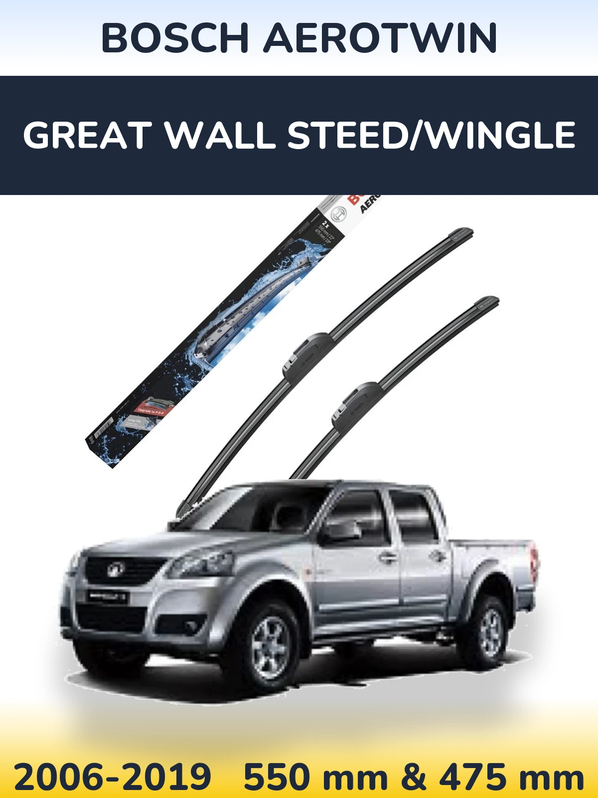 Sada předních stěračů BOSCH AeroTwin 550 a 475 mm pro Great Wall Steed/Wingle 2006-2019