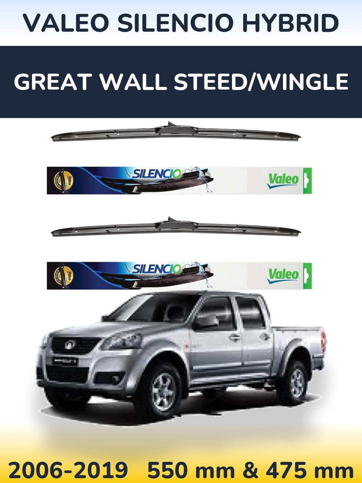 Sada předních stěračů Valeo Silencio Hybrid 550 a 475 mm pro Great Wall Steed/Wingle 2006-2019