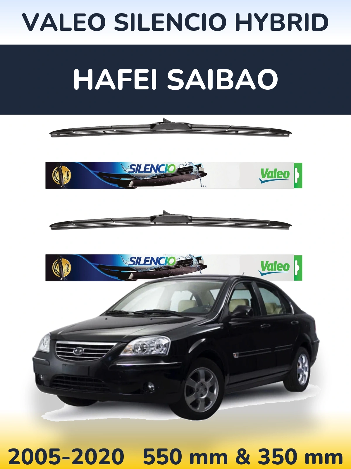 Sada předních stěračů Valeo Silencio Hybrid 550 a 350 mm pro Hafei Saibao 2005-2020