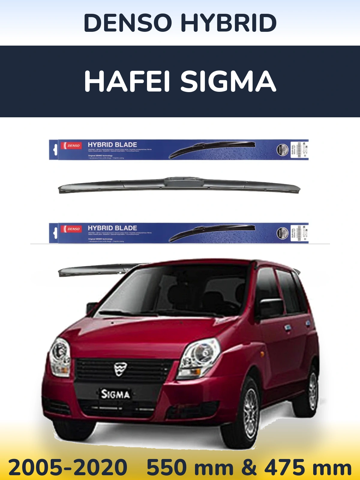 Sada předních stěračů Denso Hybrid 550 a 475 mm pro Hafei Sigma 2005-2020