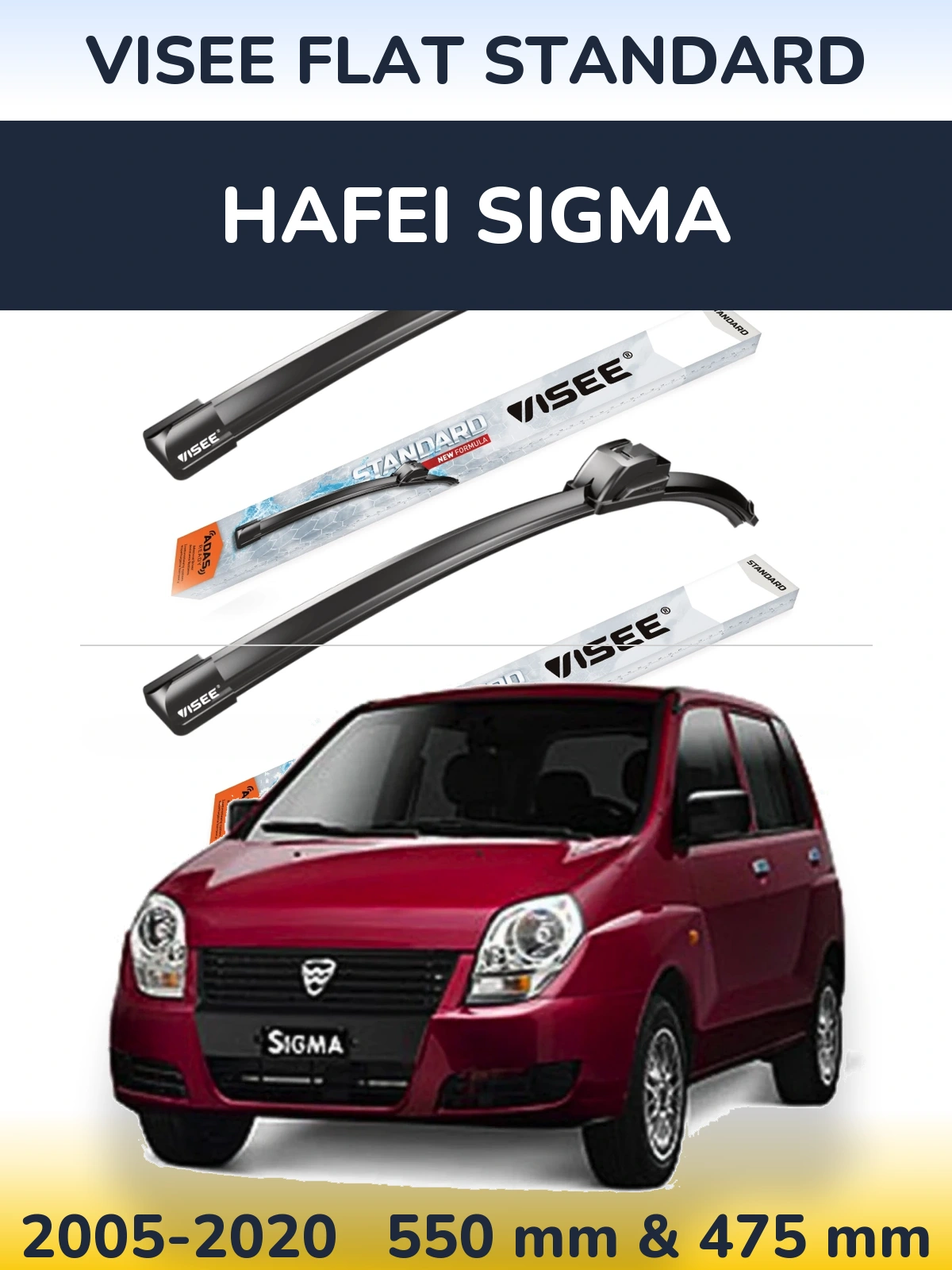 Sada předních stěračů VISEE FLAT STANDARD 550 a 475 mm pro Hafei Sigma 2005-2020