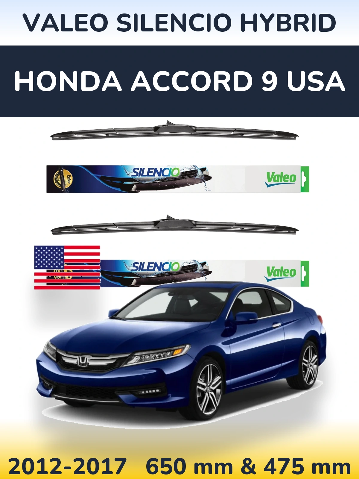 Sada předních stěračů Valeo Silencio Hybrid 650 a 475 mm pro Honda Accord 9 USA 2012-2017