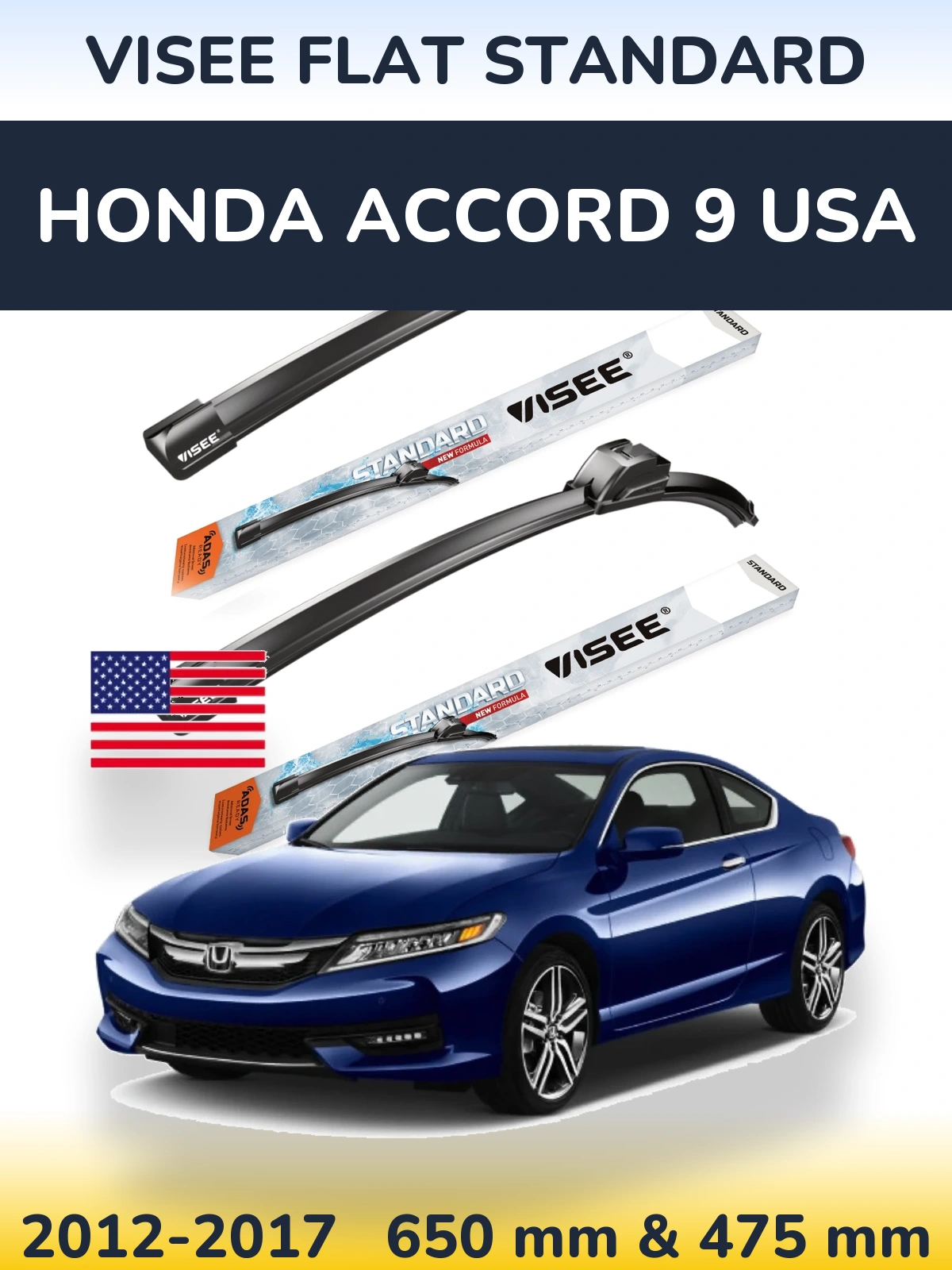 Sada předních stěračů VISEE FLAT STANDARD 650 a 475 mm pro Honda Accord 9 USA 2012-2017