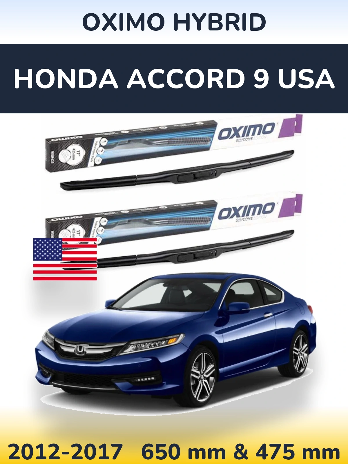 Sada předních stěračů Oximo Hybrid 650 a 475 mm pro Honda Accord 9 USA 2012-2017