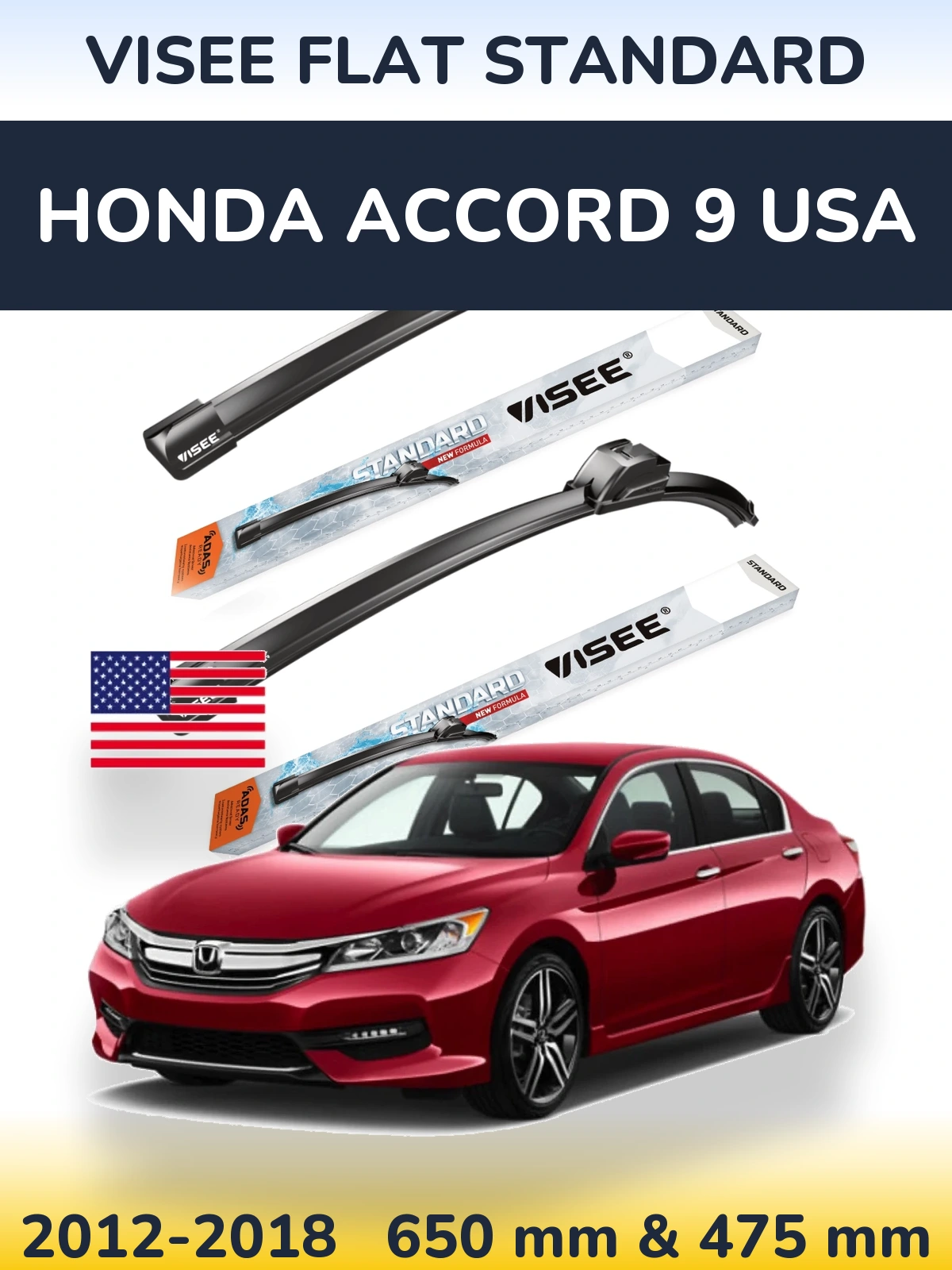 Sada předních stěračů VISEE FLAT STANDARD 650 a 475 mm pro Honda Accord 9 USA 2012-2018