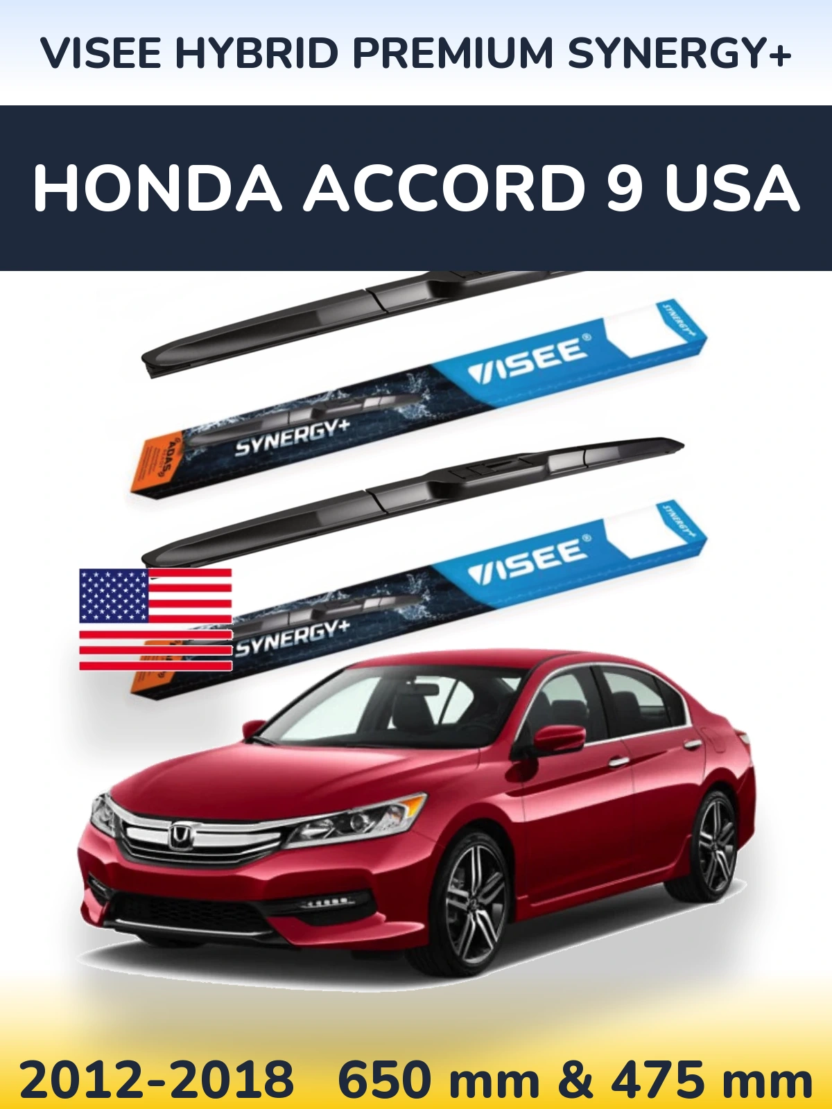 Sada předních stěračů VISEE HYBRID PREMIUM SYNERGY+ 650 a 475 mm pro Honda Accord 9 USA 2012-2018