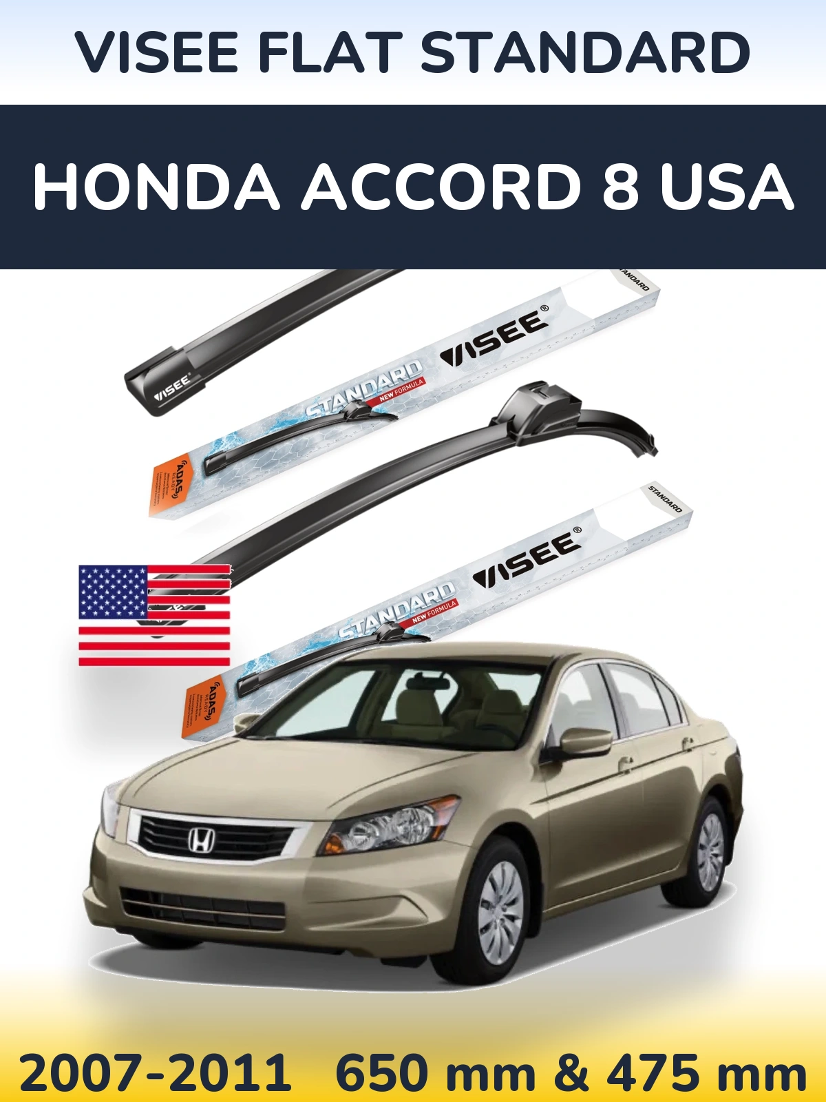 Sada předních stěračů VISEE FLAT STANDARD 650 a 475 mm pro Honda Accord 8 USA 2007-2011