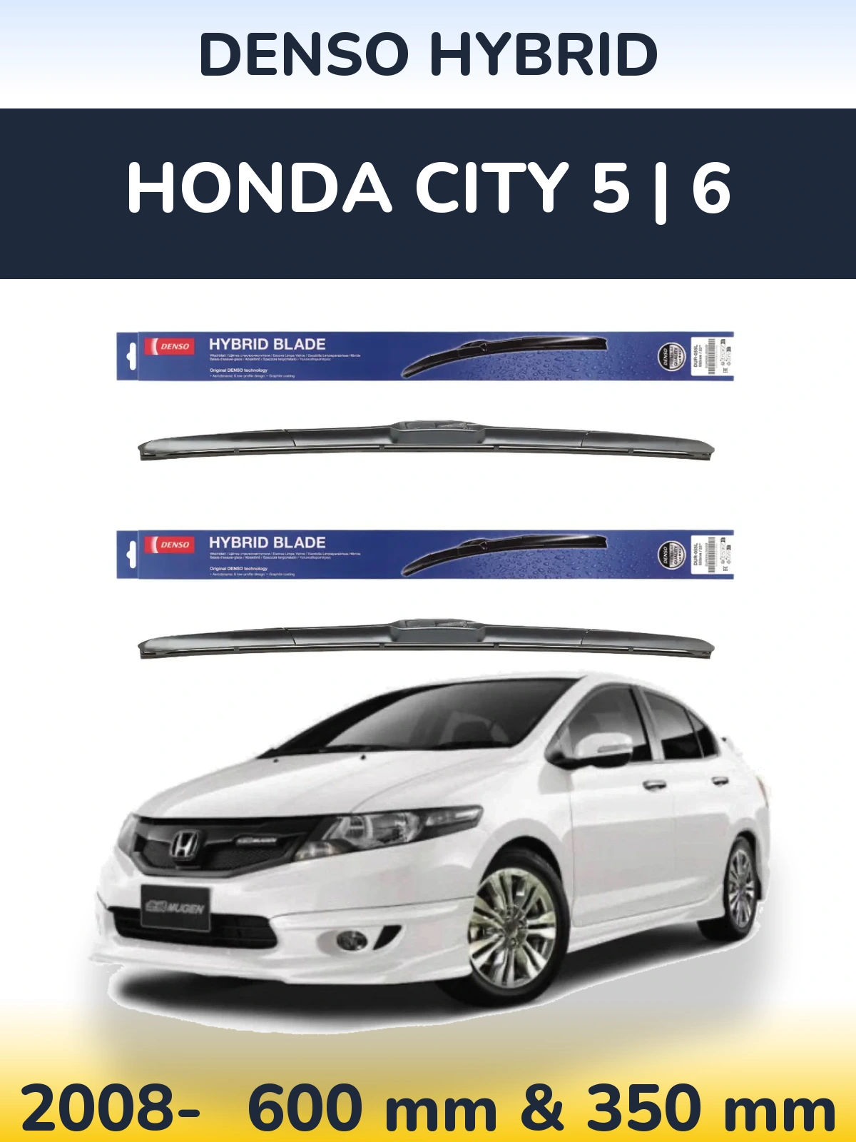 Sada předních stěračů Denso Hybrid 600 a 350 mm pro Honda City 5 | 6 2008-2026